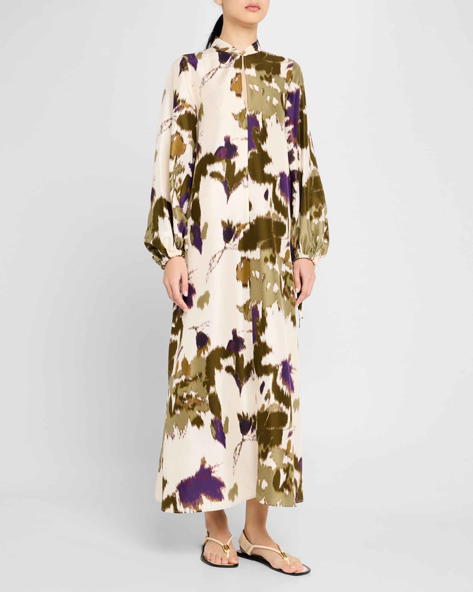 Maesa Printed Long-Sleeve Silk Maxi Shirtdress 1
