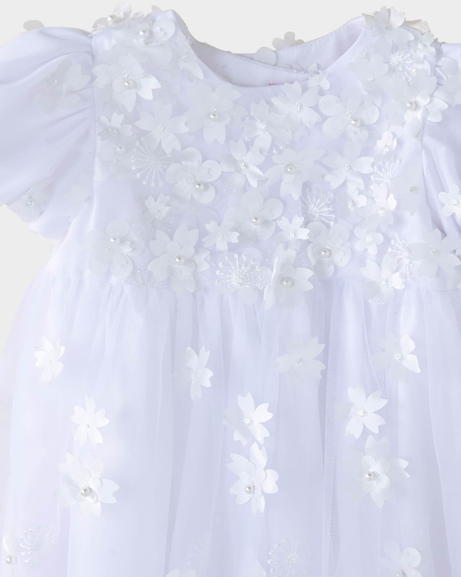 Girl's Lousie Scattered 3D Pearl Flower Christening Gown, Size 0-12M  1