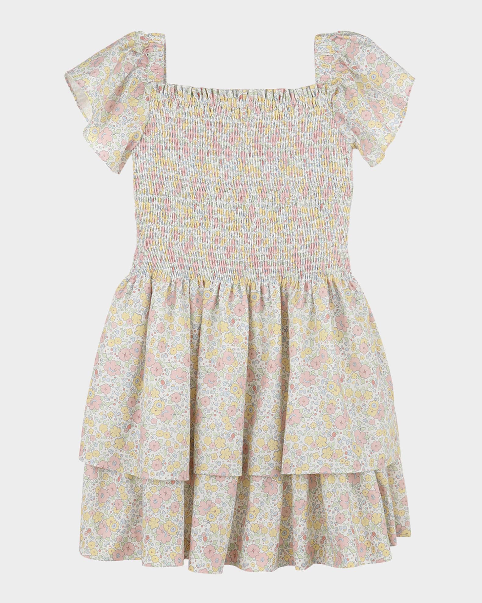 Girl's Floral-Print Smocked Dress, Size 4-6 0