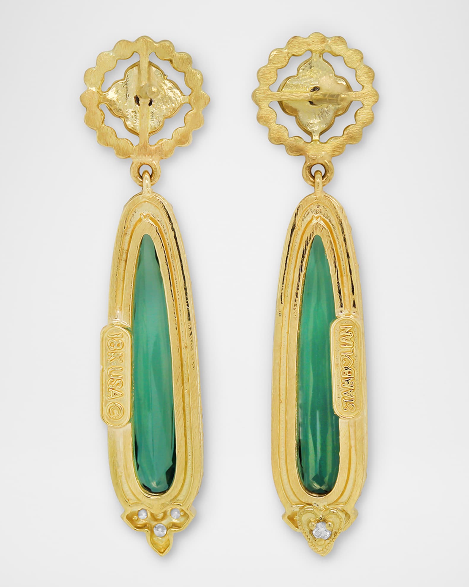 18K Yellow Gold Pear Shape Green Tourmaline Earrings with Diamonds 1