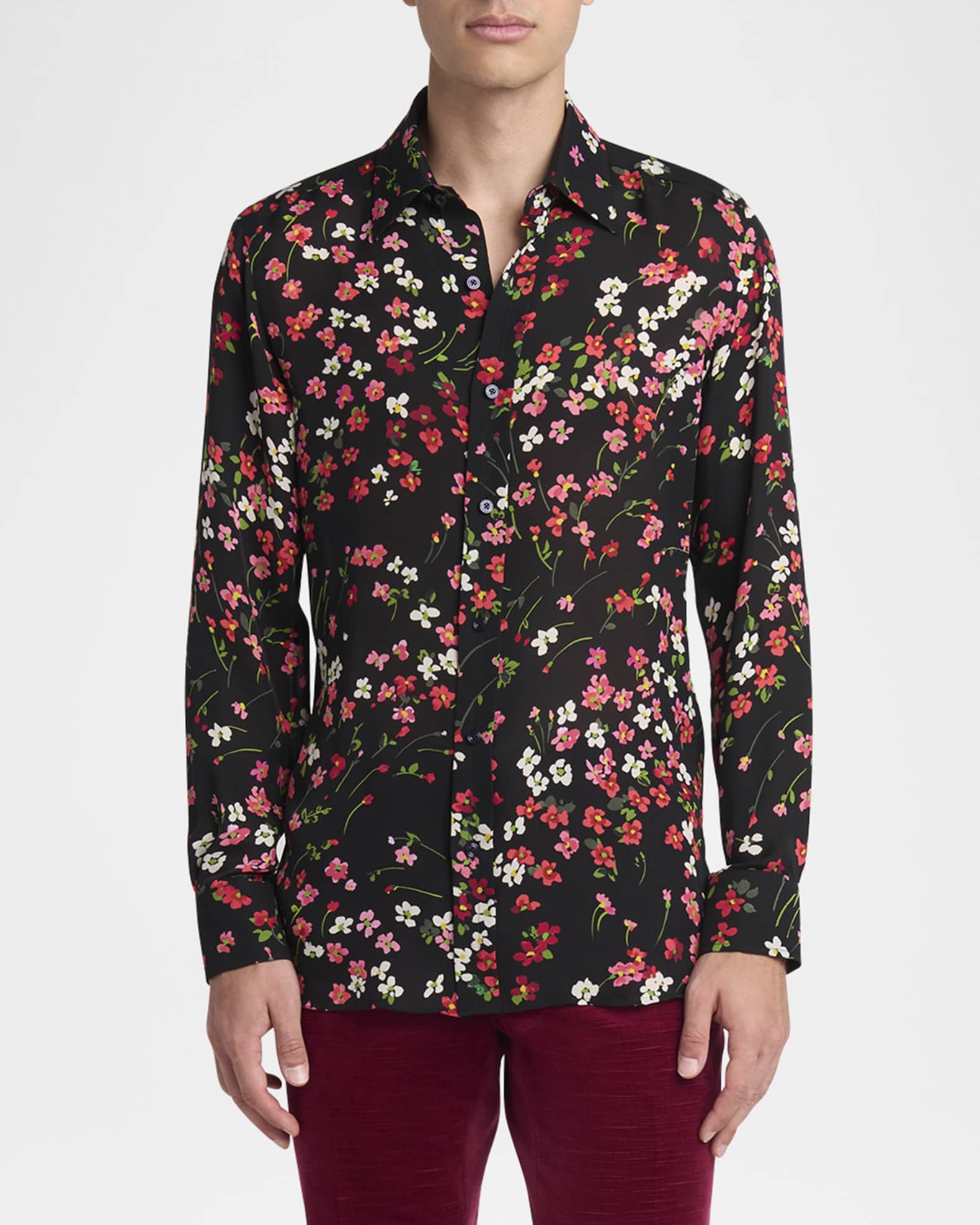 Men's Double Georgette Floral Slim-Fit Silk Dress Shirt - Thumbnail 2