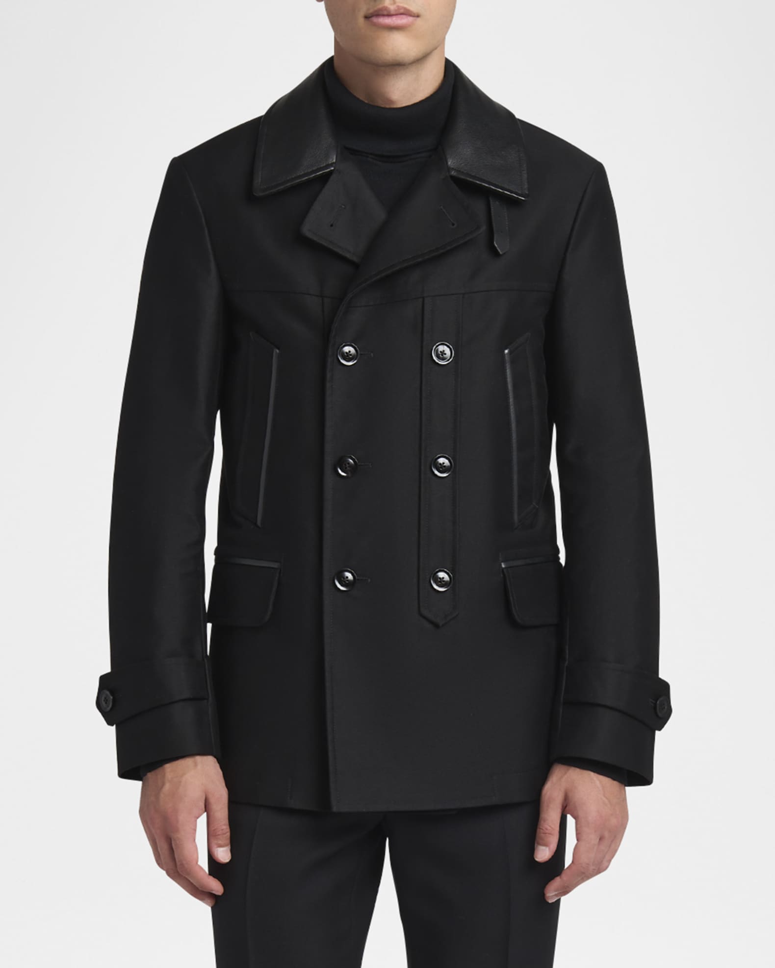 Men's Satin Leather-Collar Peacoat 1