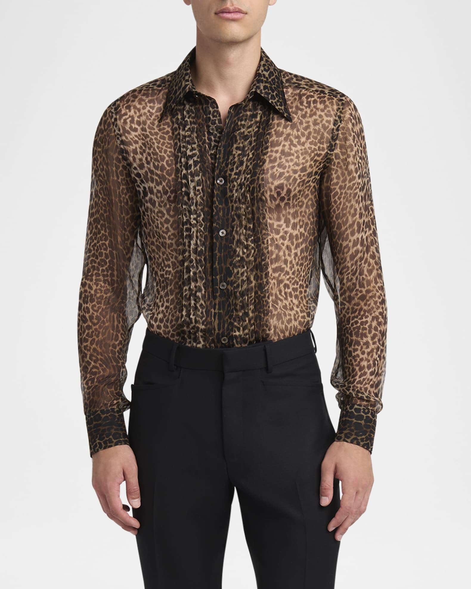 Men's Leopard-Print Silk Chiffon Pleated Dress Shirt 1