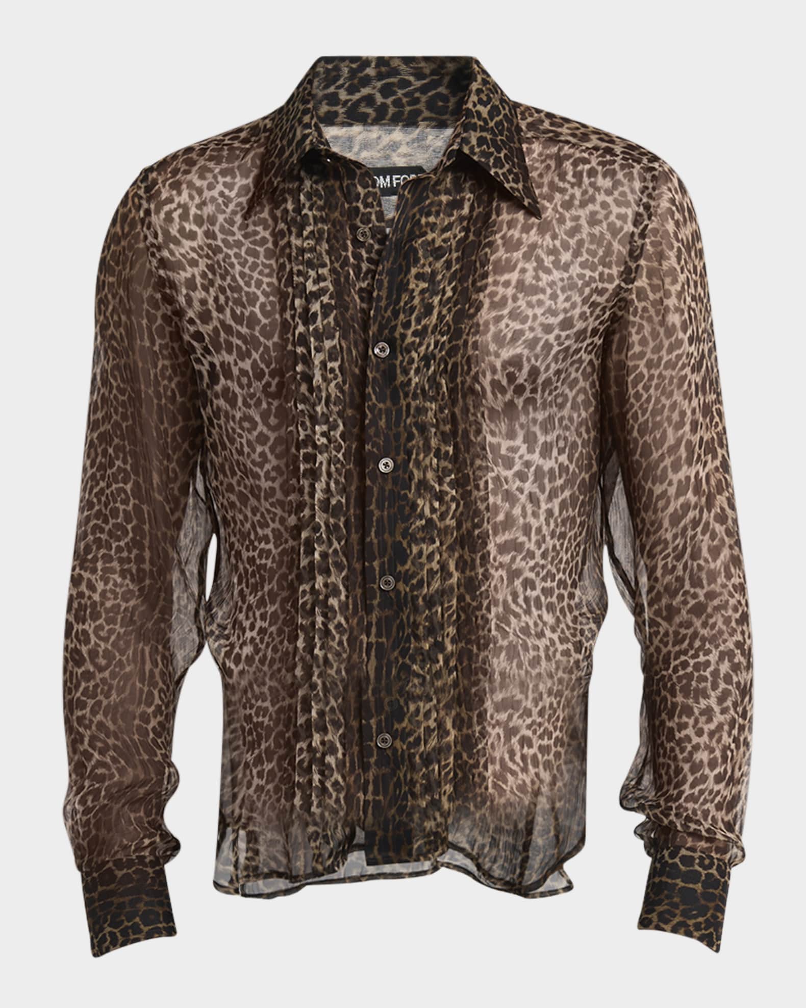 Men's Leopard-Print Silk Chiffon Pleated Dress Shirt 0