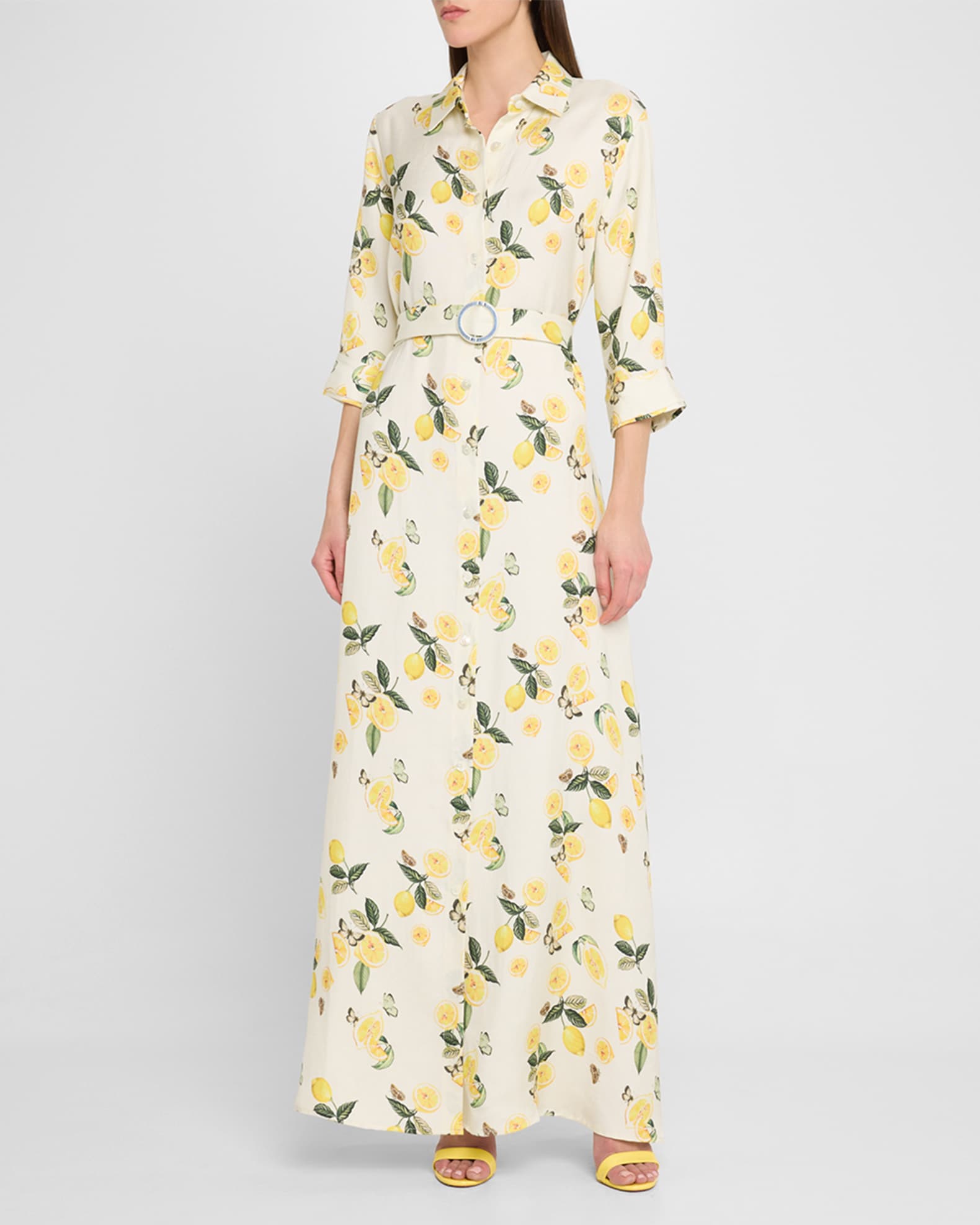 Valerie Belted Lemon-Print Maxi Shirtdress 1