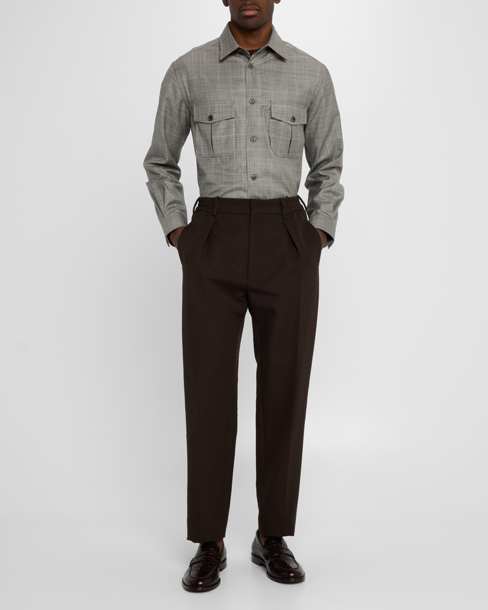 Men's Wool Check Overshirt with Suede Trim 1