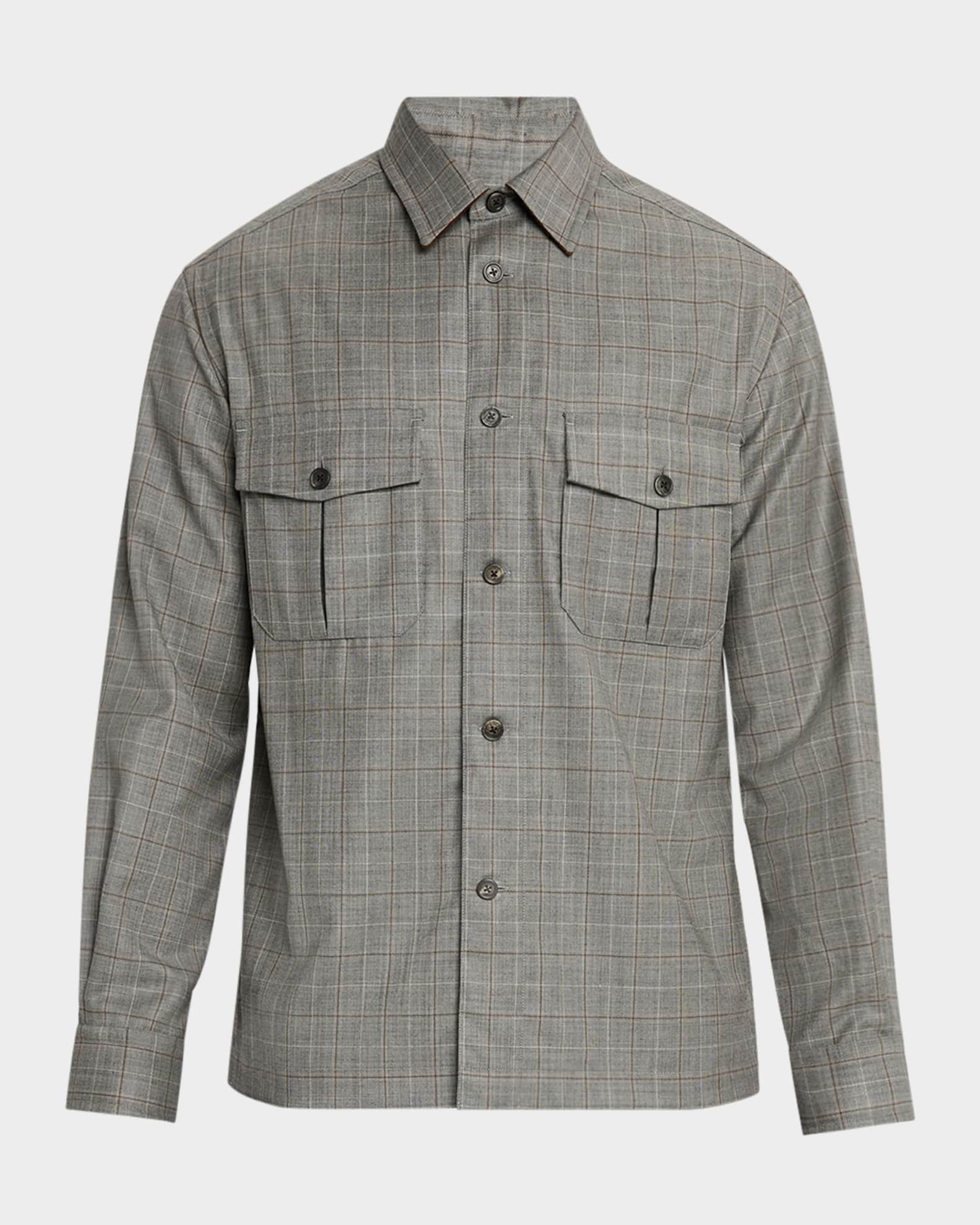 Men's Wool Check Overshirt with Suede Trim 0