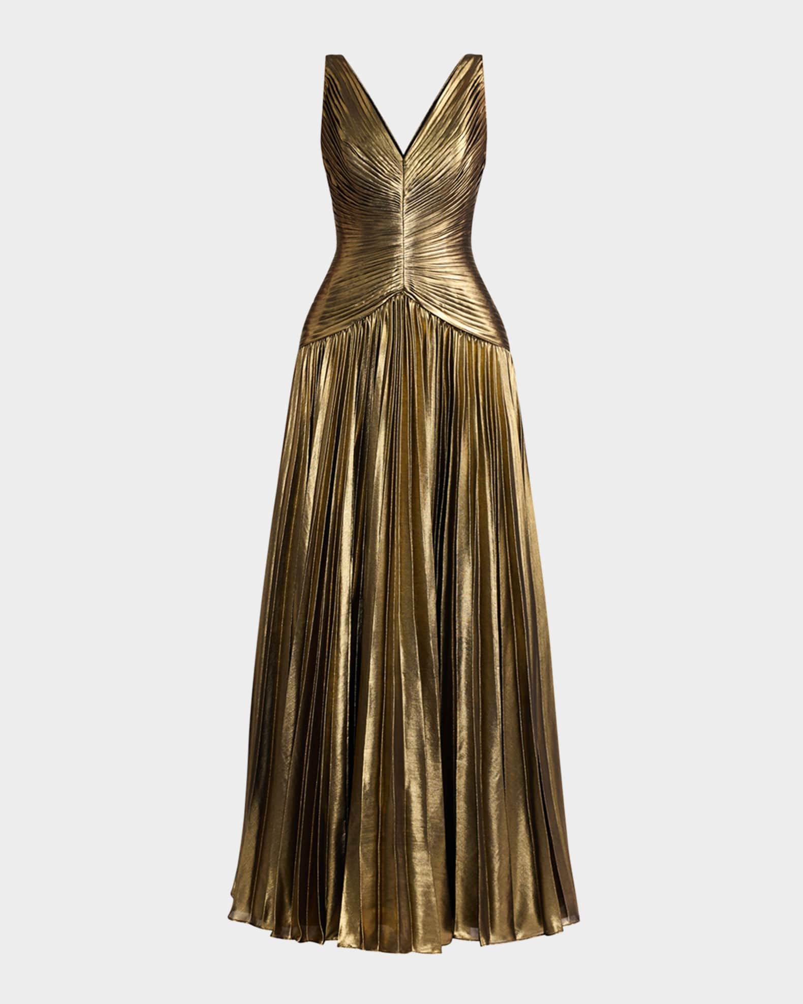 Zac Posen Pleated Metallic Chiffon Gown Gold