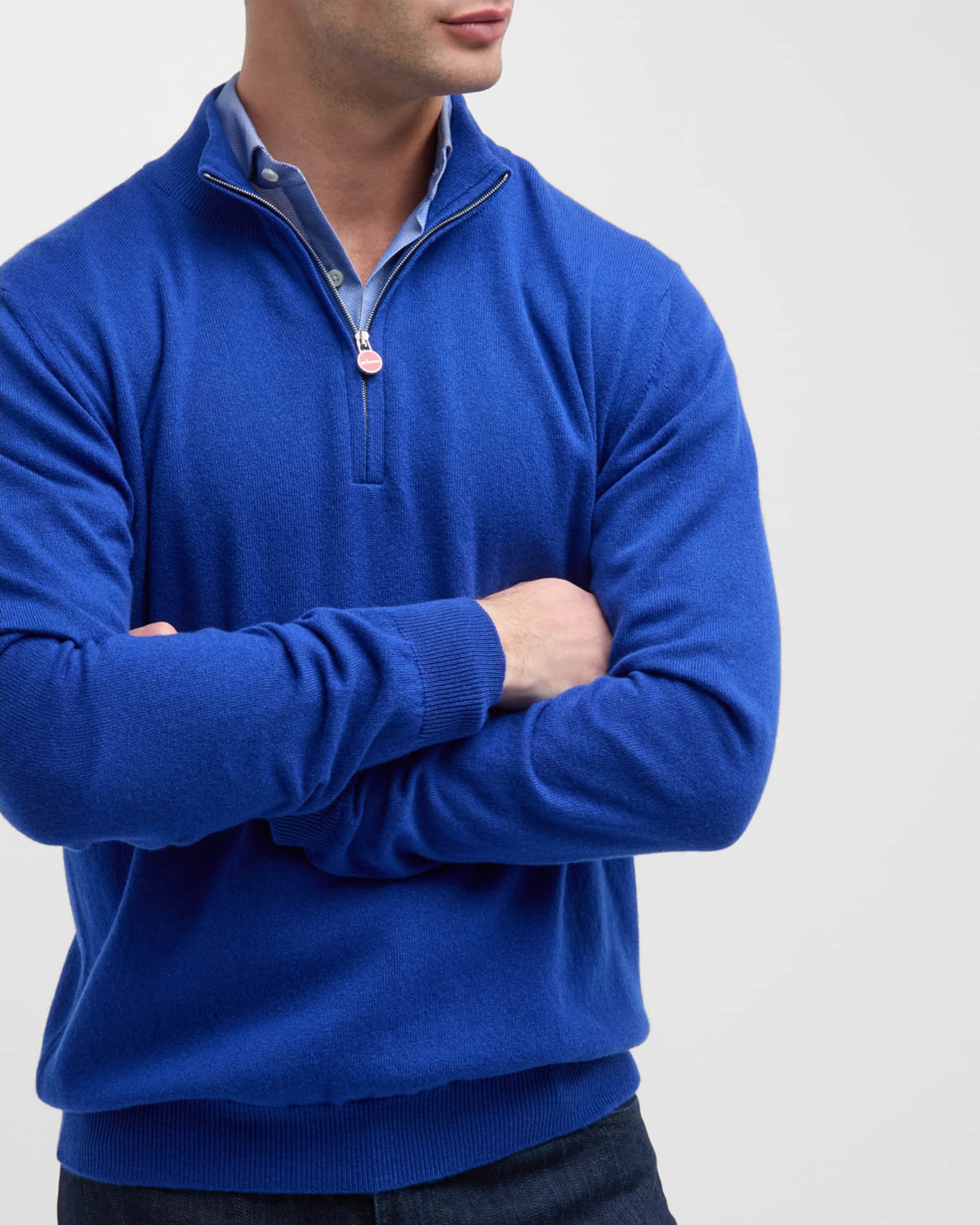 Men's Italian Sirmione 100% Egyptian Cotton Flat-Knit Quarter-Zip Sweater in Light Blue Heather