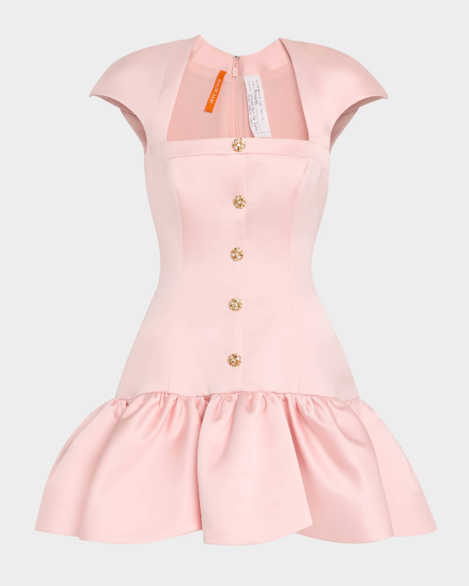 Square-Neck Cap-Sleeve Volant Ruffle Mini Dress 0