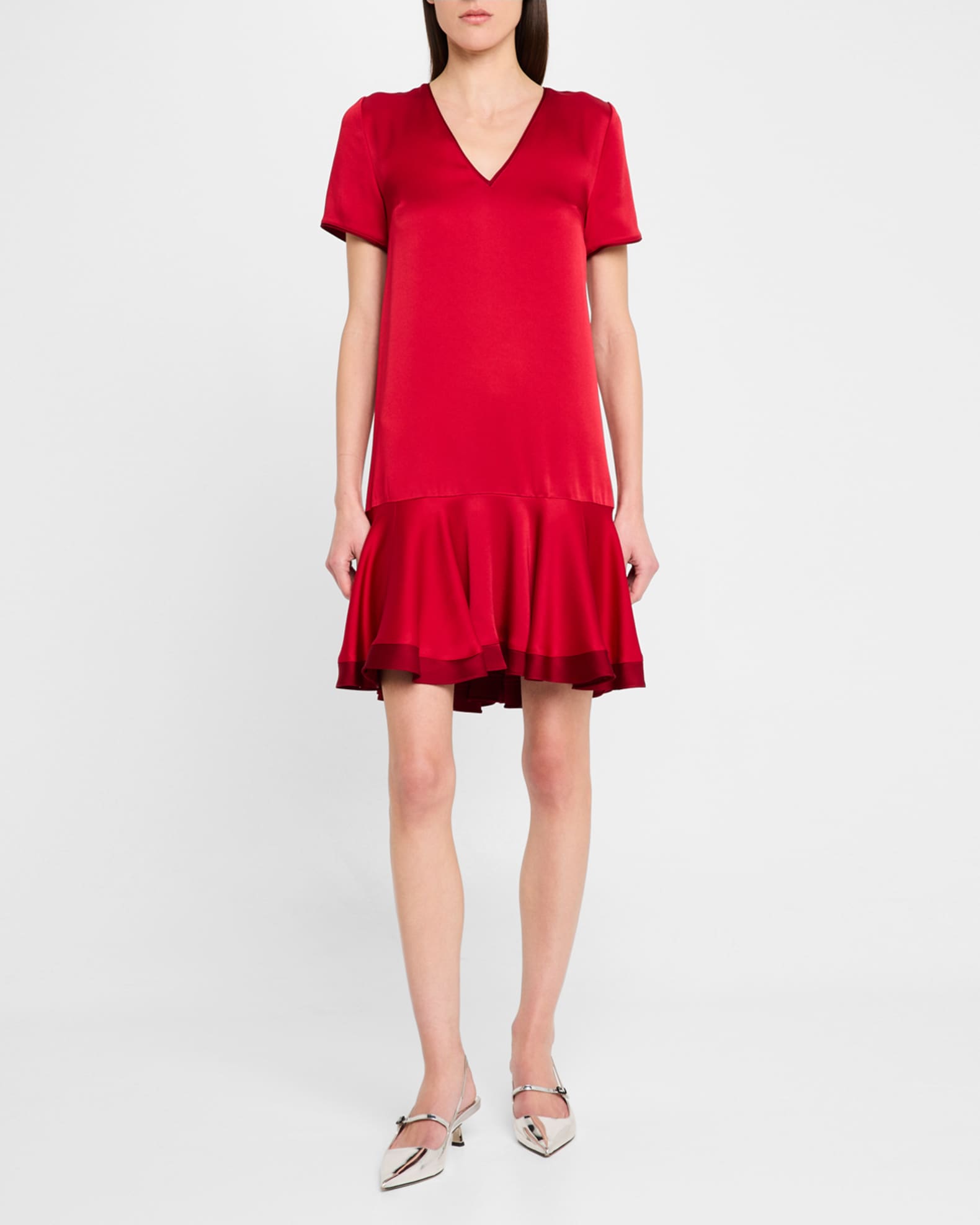 Short-Sleeve Satin Ruffle Mini Dress 1