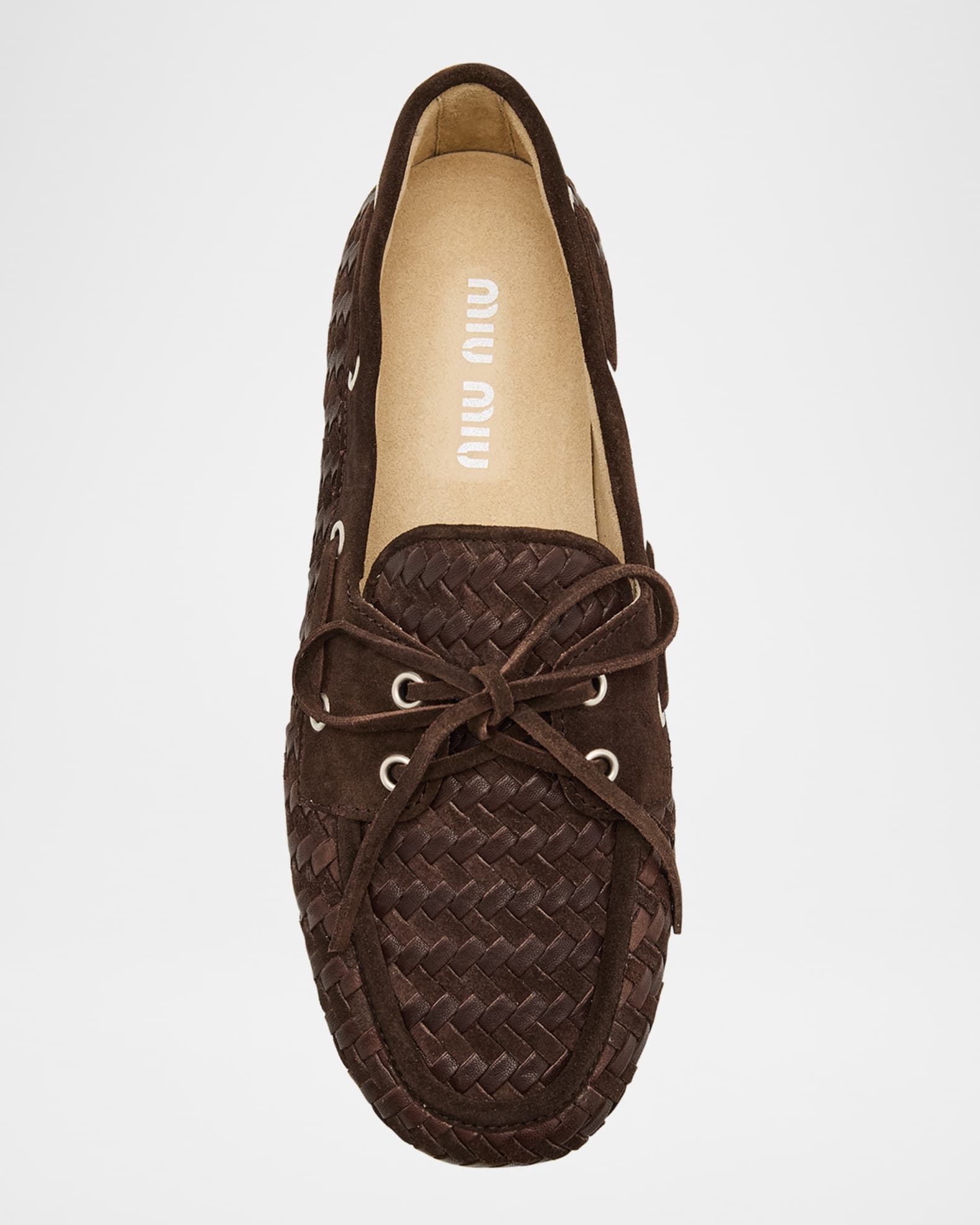 MiuMiu Woven Suede Boat Shoes スエード ボート シューズ ロゴ Miu Miu Bow Woven Suede & Leather Boat Shoes | Neiman Marcus