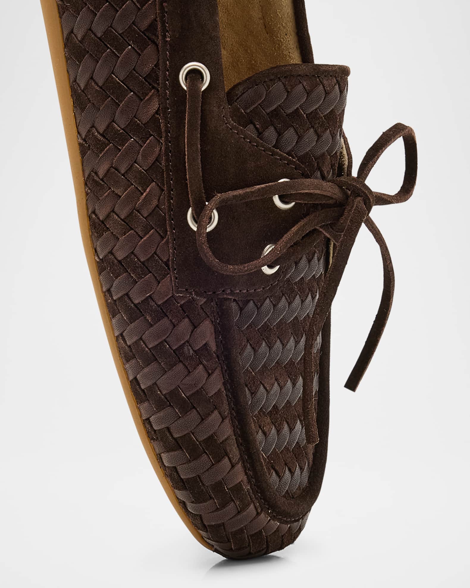 Miu Miu Bow Woven Suede & Leather Boat Shoes | Neiman Marcus