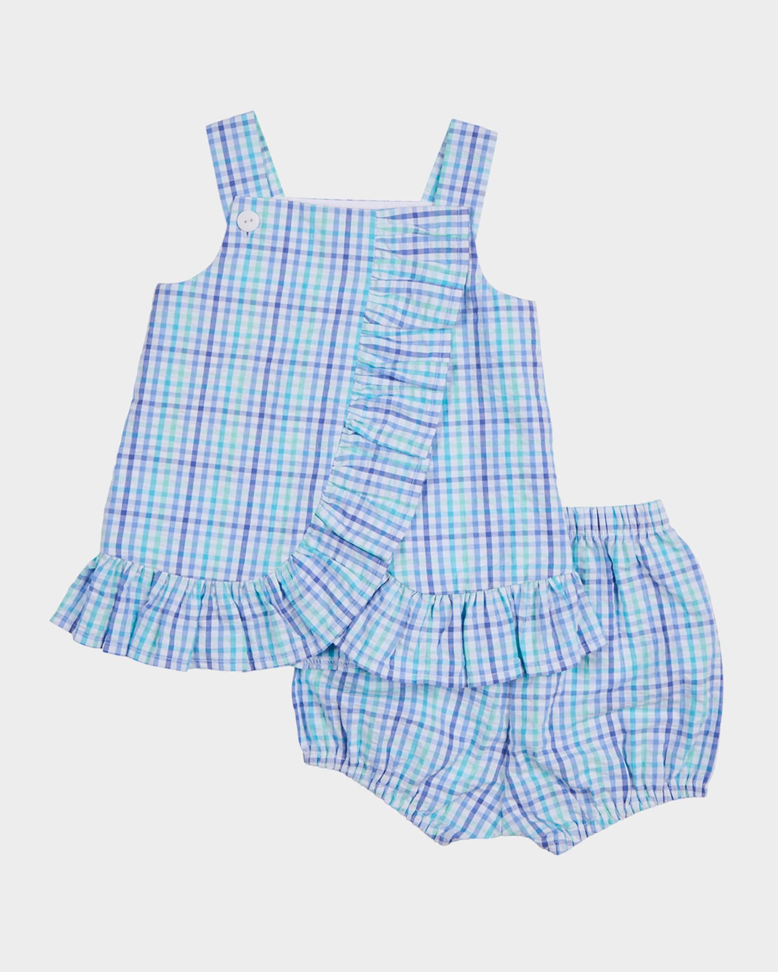Girl's Flower Plaid Seersucker Dress and Bloomers Set, Size 6M-24M 1