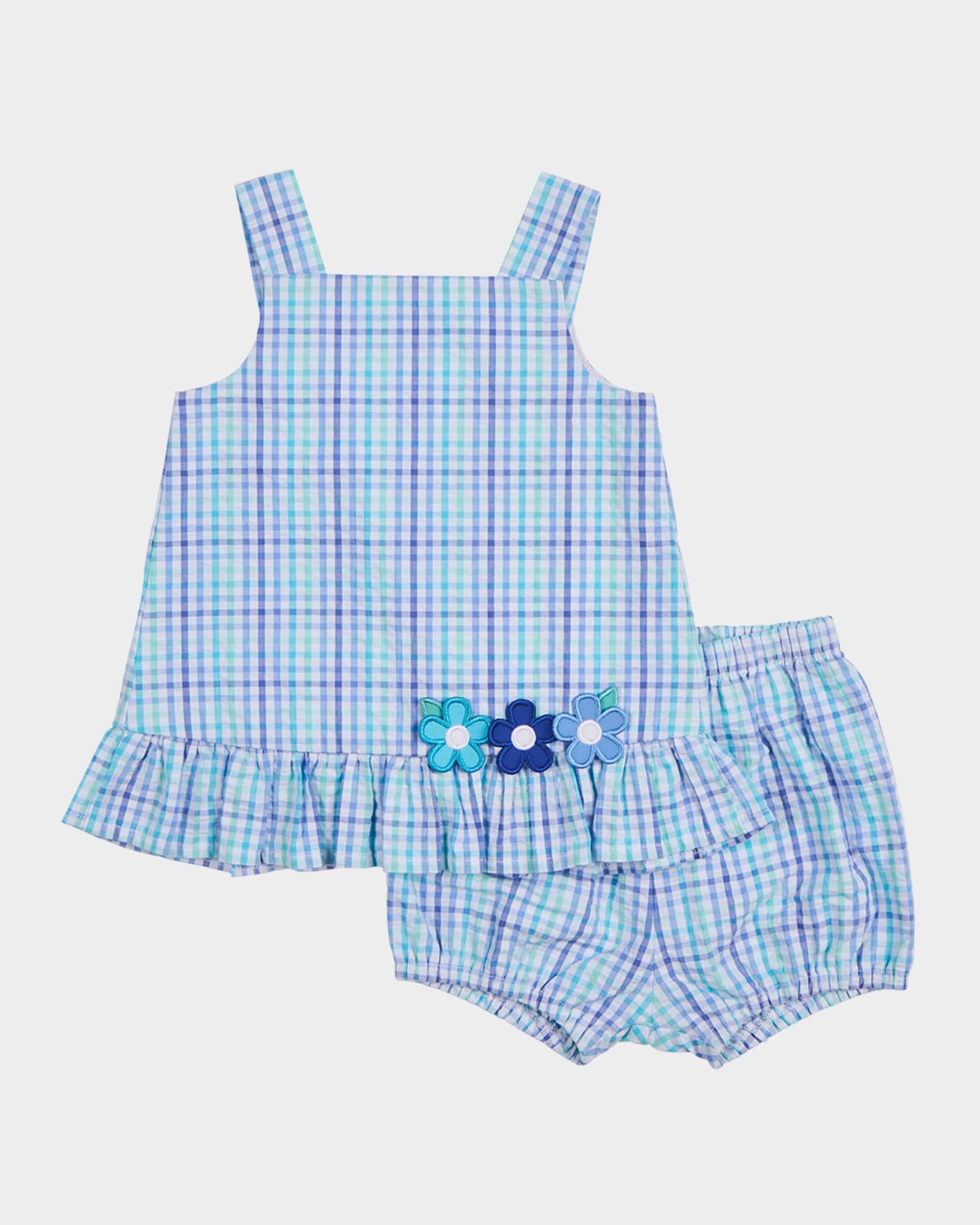 Girl's Flower Plaid Seersucker Dress and Bloomers Set, Size 6M-24M 0