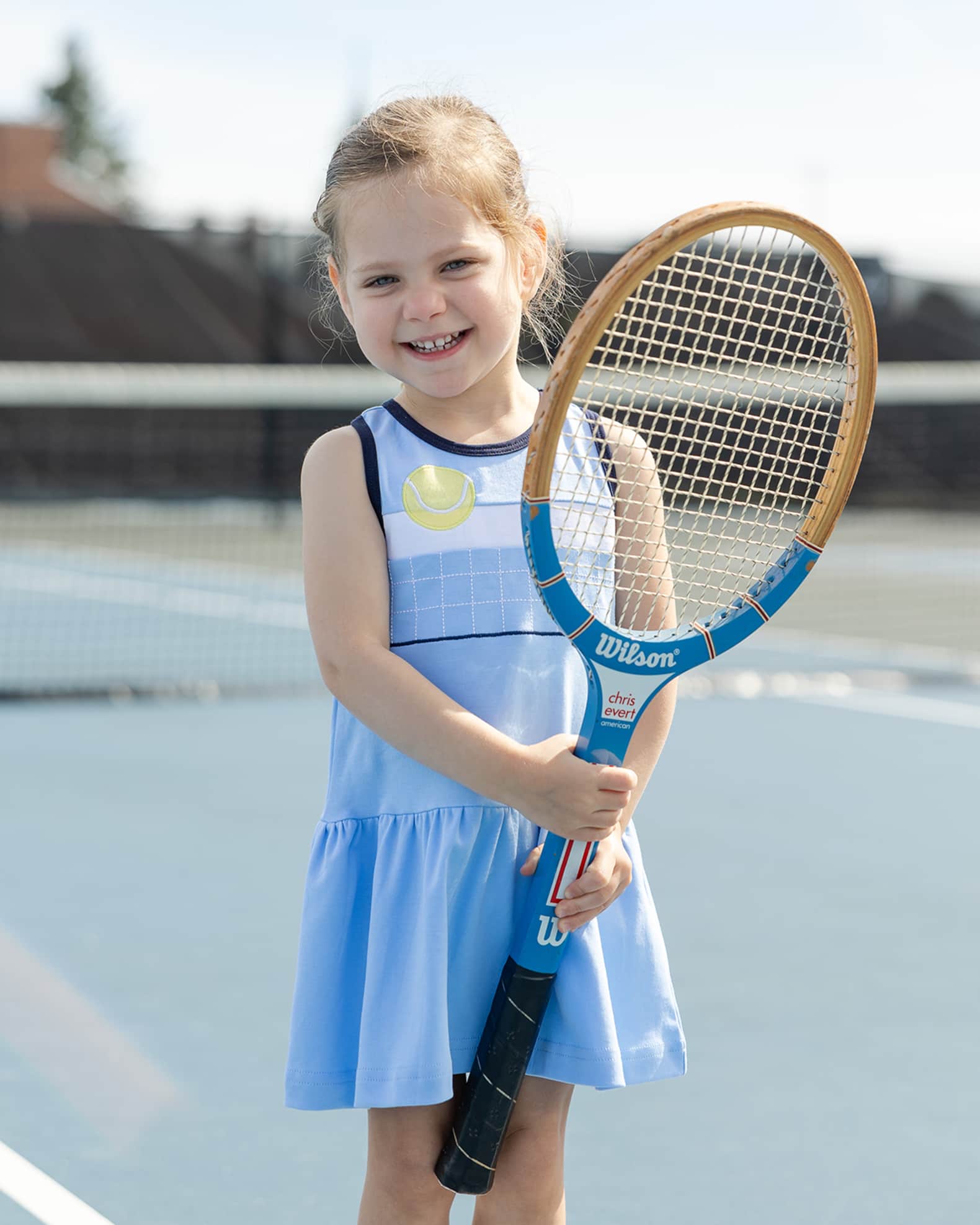 Girl's Tennis Ball and Net Embroidered Knit Dress, Size 2-6 1
