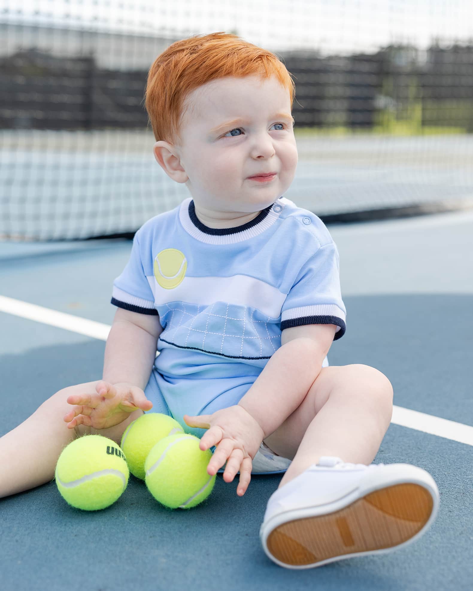 Boy's Tennis Ball and Net Knit Shortalls, Size 3M-24M 1