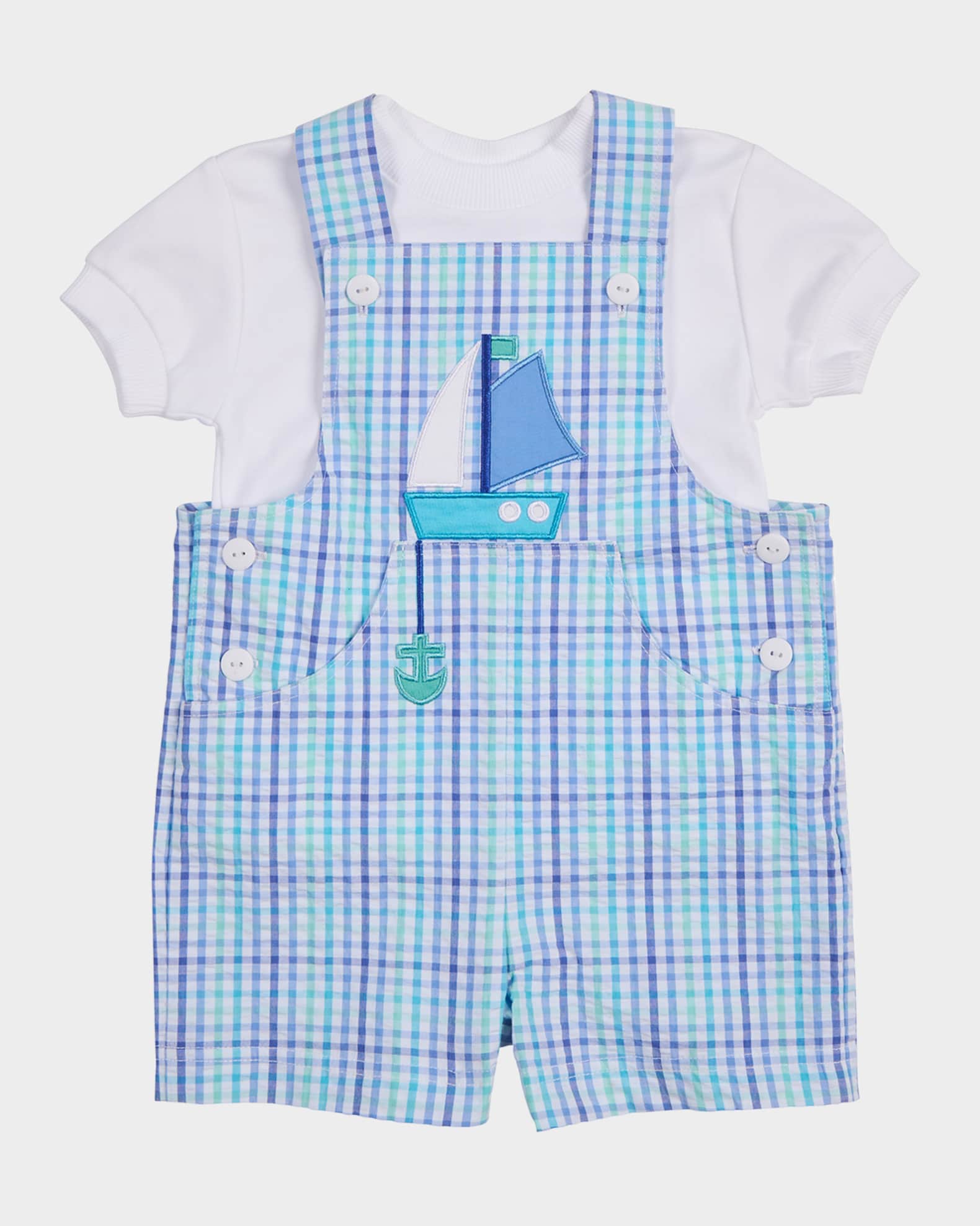 Boy's Sailboat Plaid Shortalls & T-Shirt Set, Size 3M-24M 0