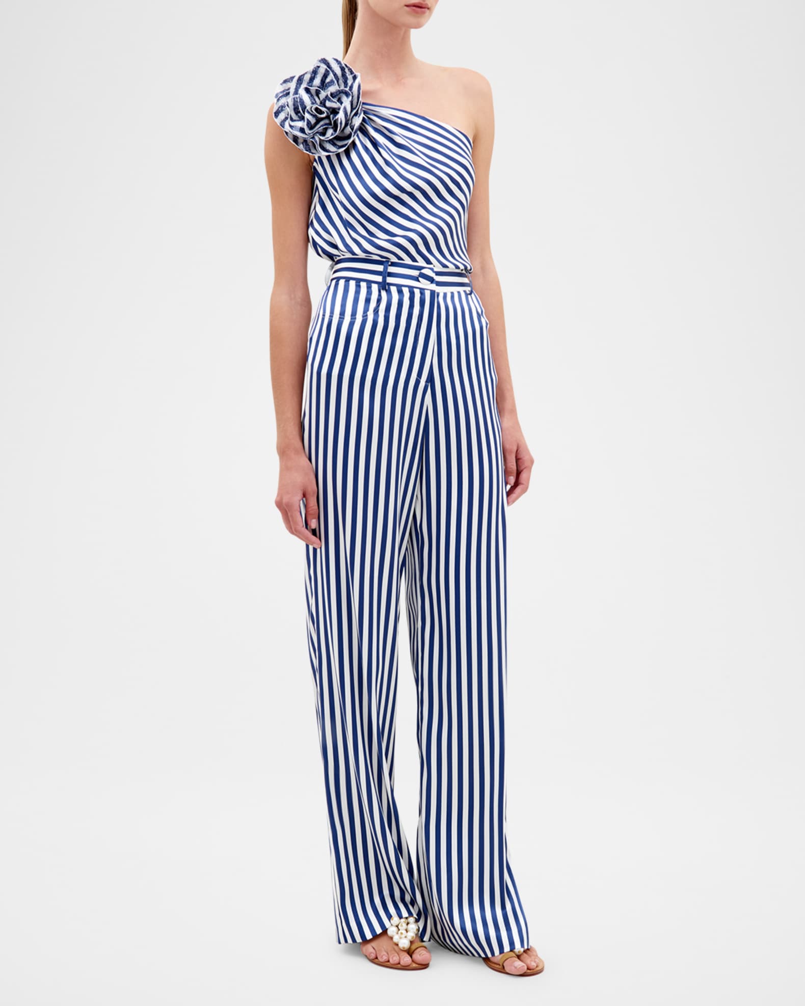 Sebastiana Sequined Flower Striped One-Shoulder Blouse 1