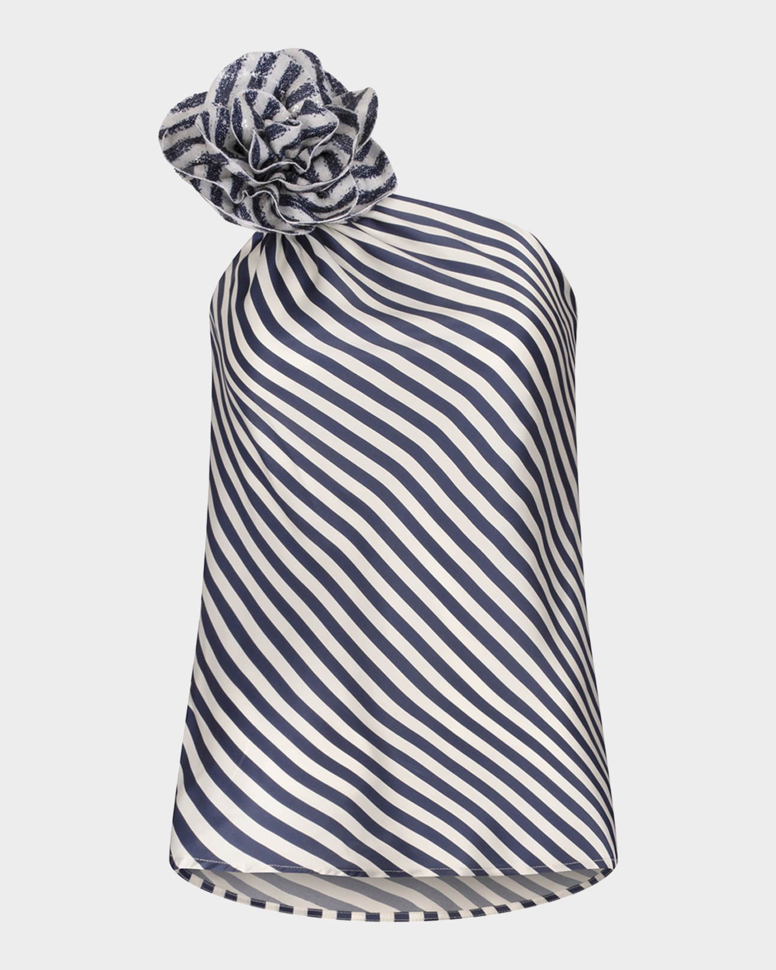 Sebastiana Sequined Flower Striped One-Shoulder Blouse 0