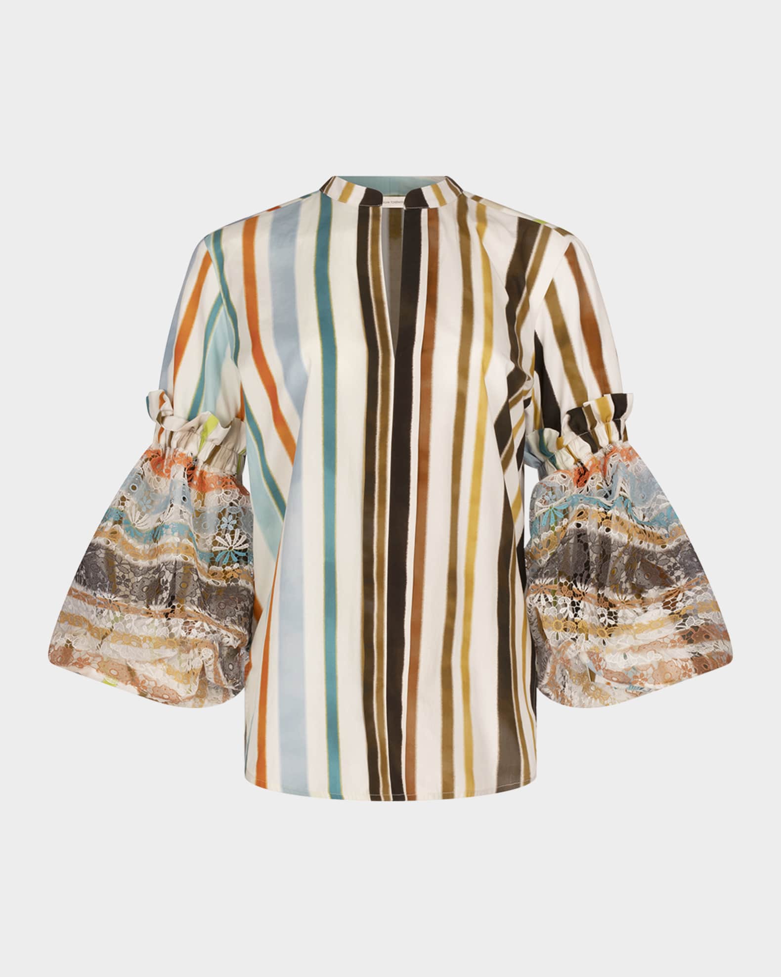 Nuru Striped Eyelet Puff-Sleeve Blouse 0