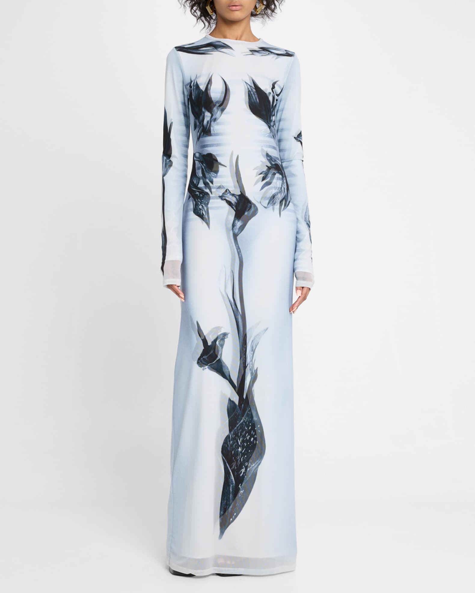 Flower Body Morphing Mariniere-Print Layered Mesh Maxi Dress 1