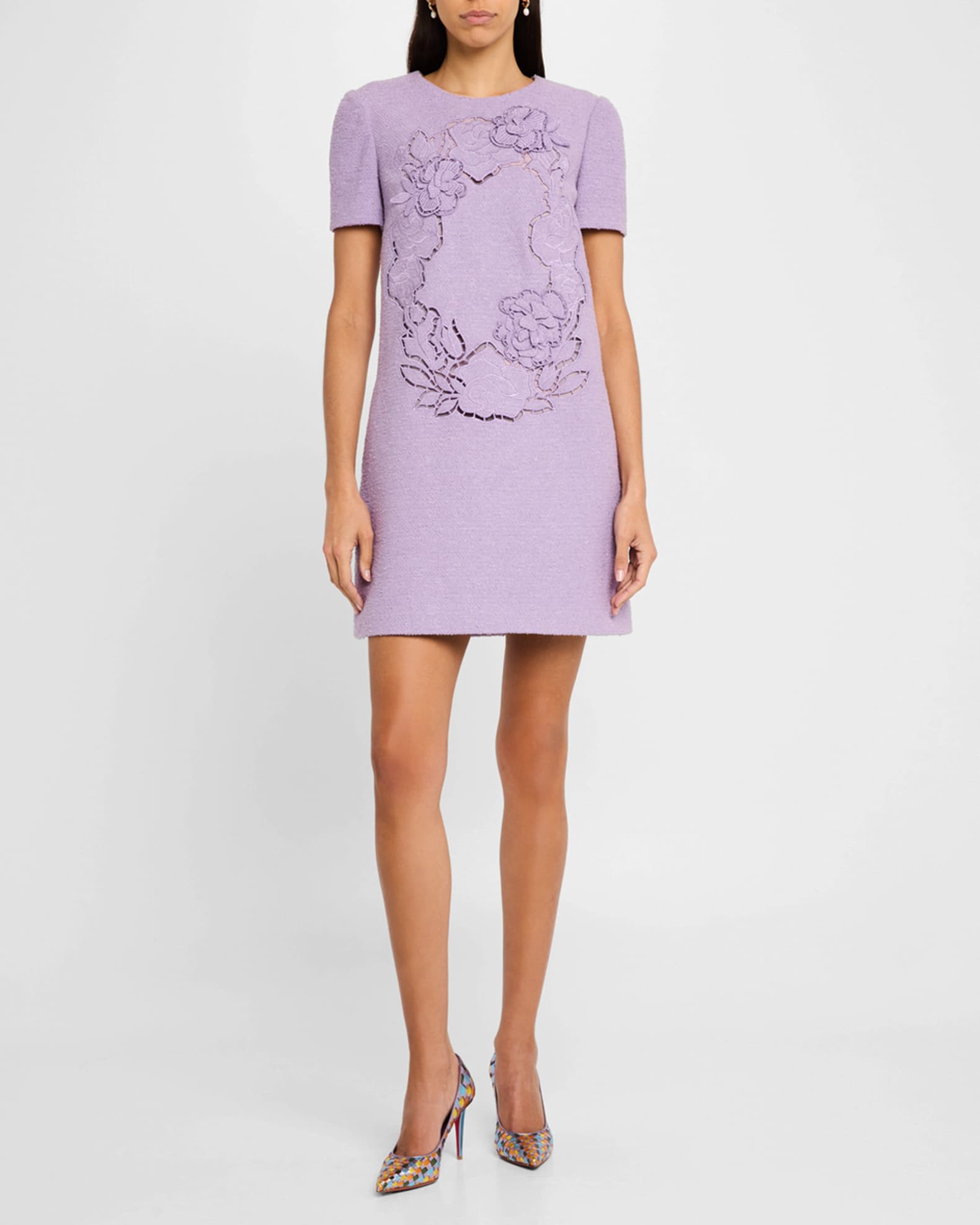 Short-Sleeve Floral Embroidered Tweed Mini Dress 1