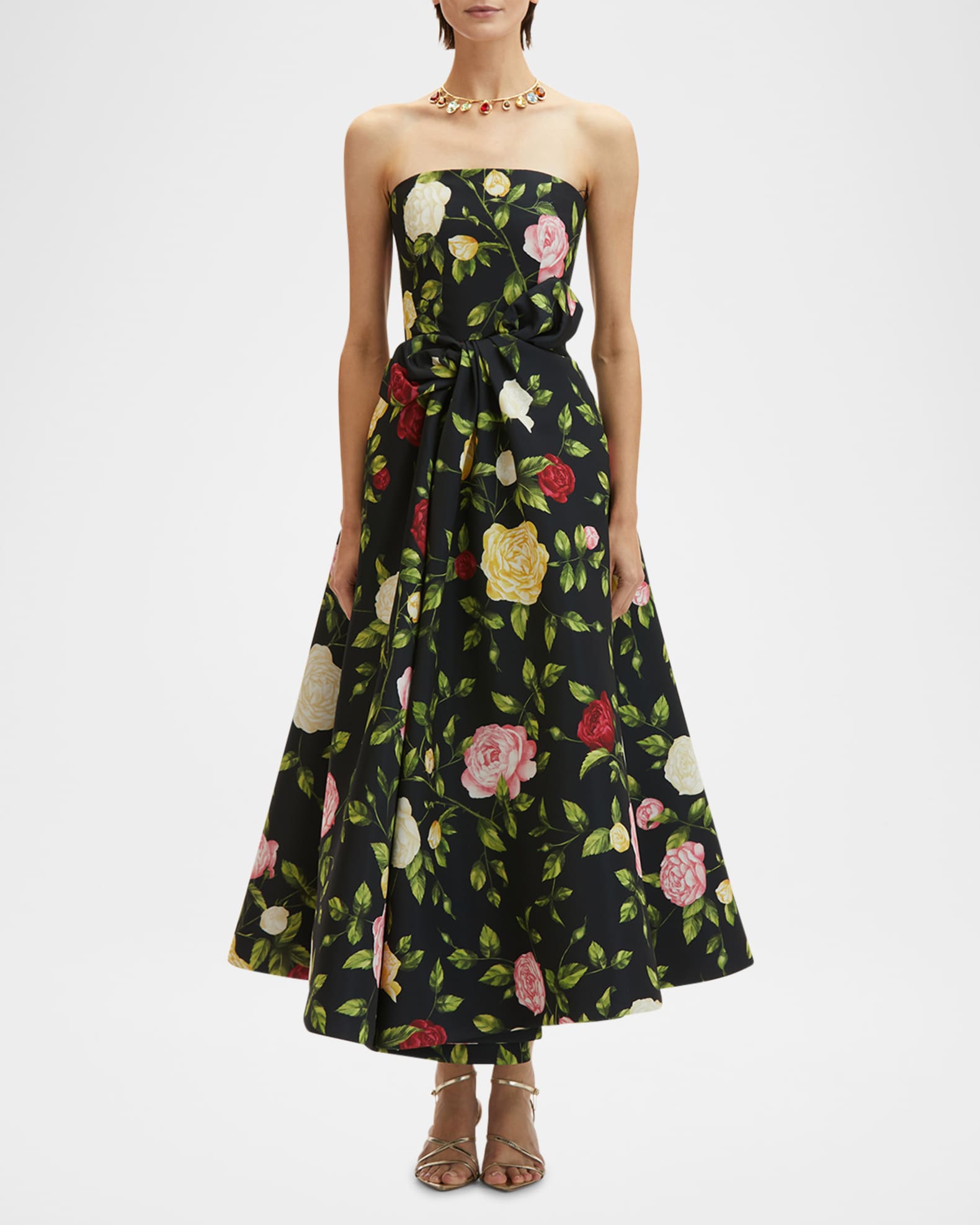 Strapless English Roses Faille Tea-Length Dress 1