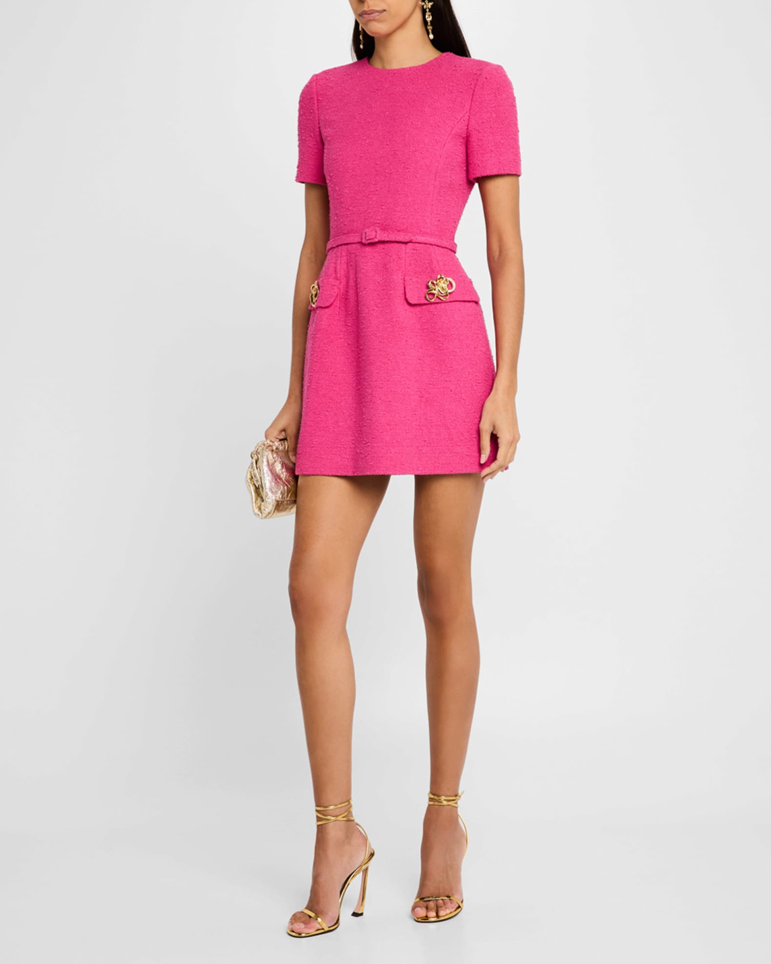 Short-Sleeve Rose-Button Tweed Mini Day Dress With Belt 1