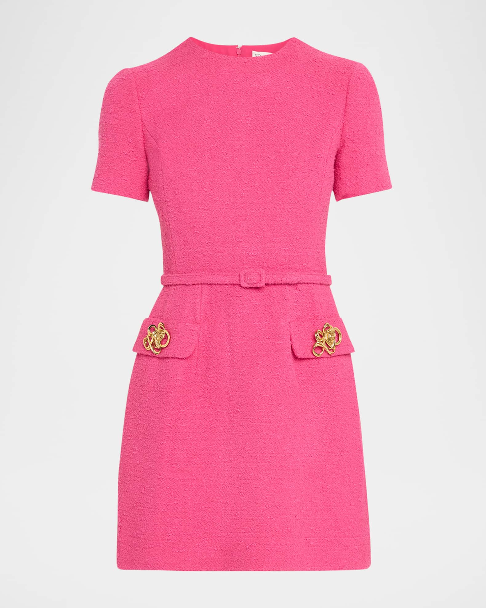 Short-Sleeve Rose-Button Tweed Mini Day Dress With Belt 0