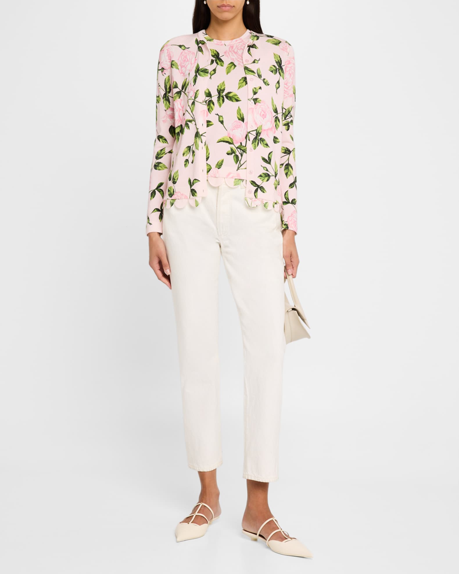 Oscar de la Renta English Rose Printed Crewneck Cardigan With
