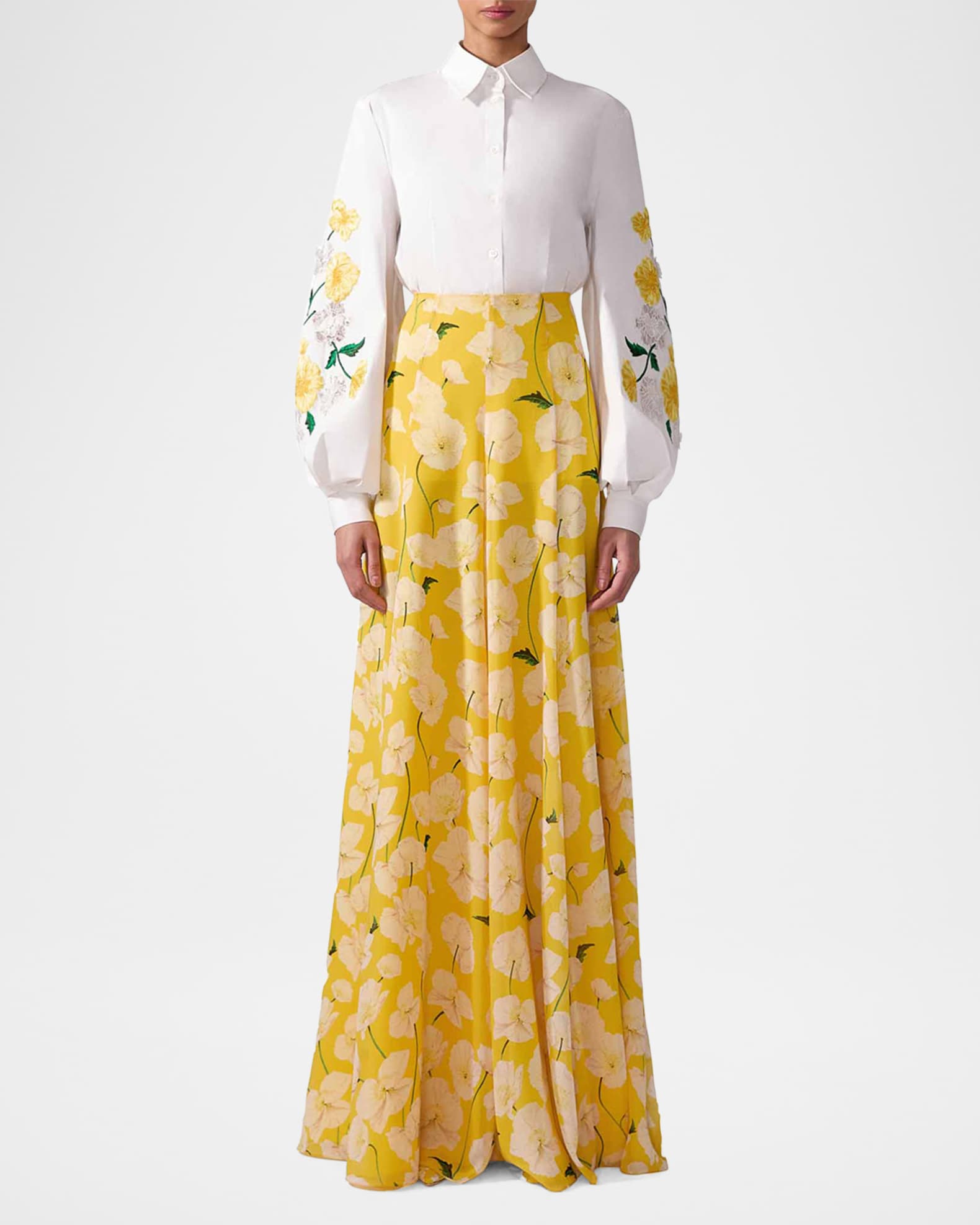 Flower Embroidered Puff-Sleeve Button-Down Shirt 1