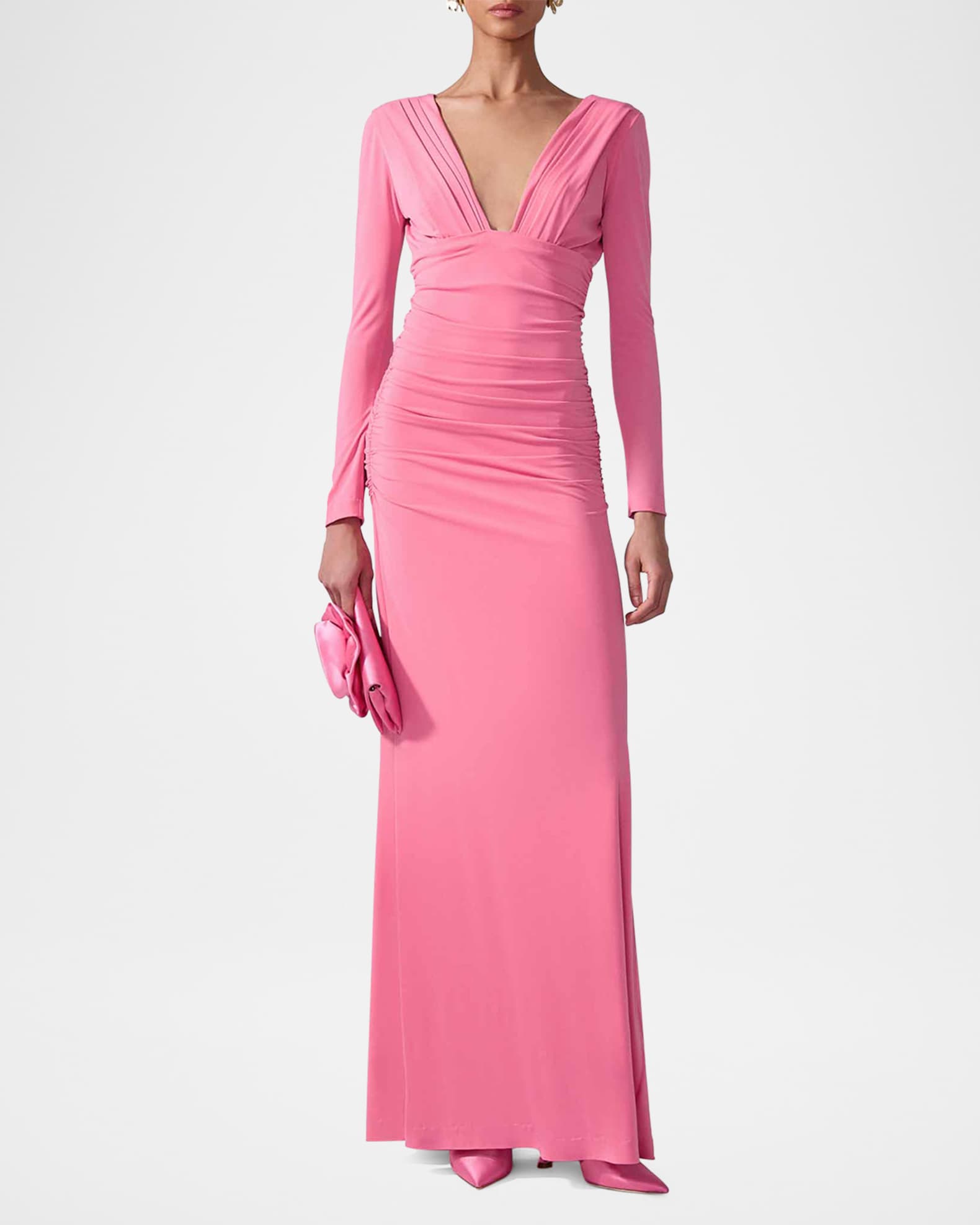 Plunging Ruched Long-Sleeve Maxi Dress 1