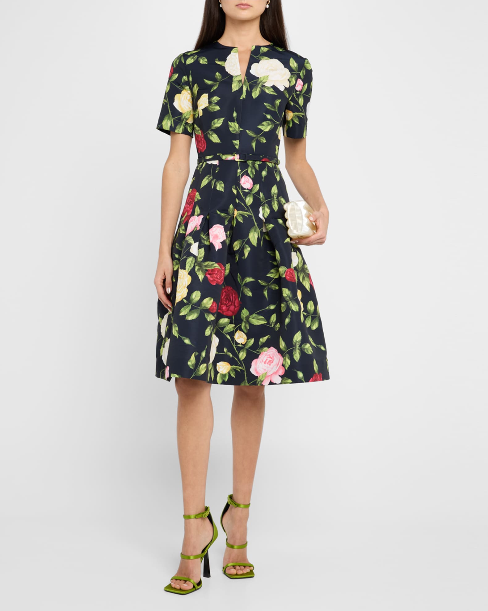 Short-Sleeve Belted English Rose Faille Dress 1