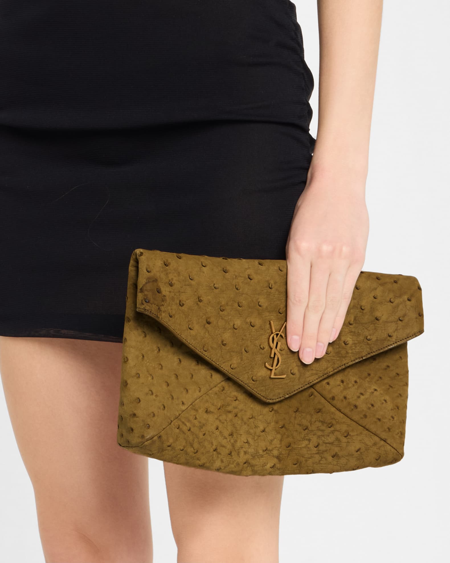 Large YSL Envelope Clutch Bag in Ostrich Nubuck  1