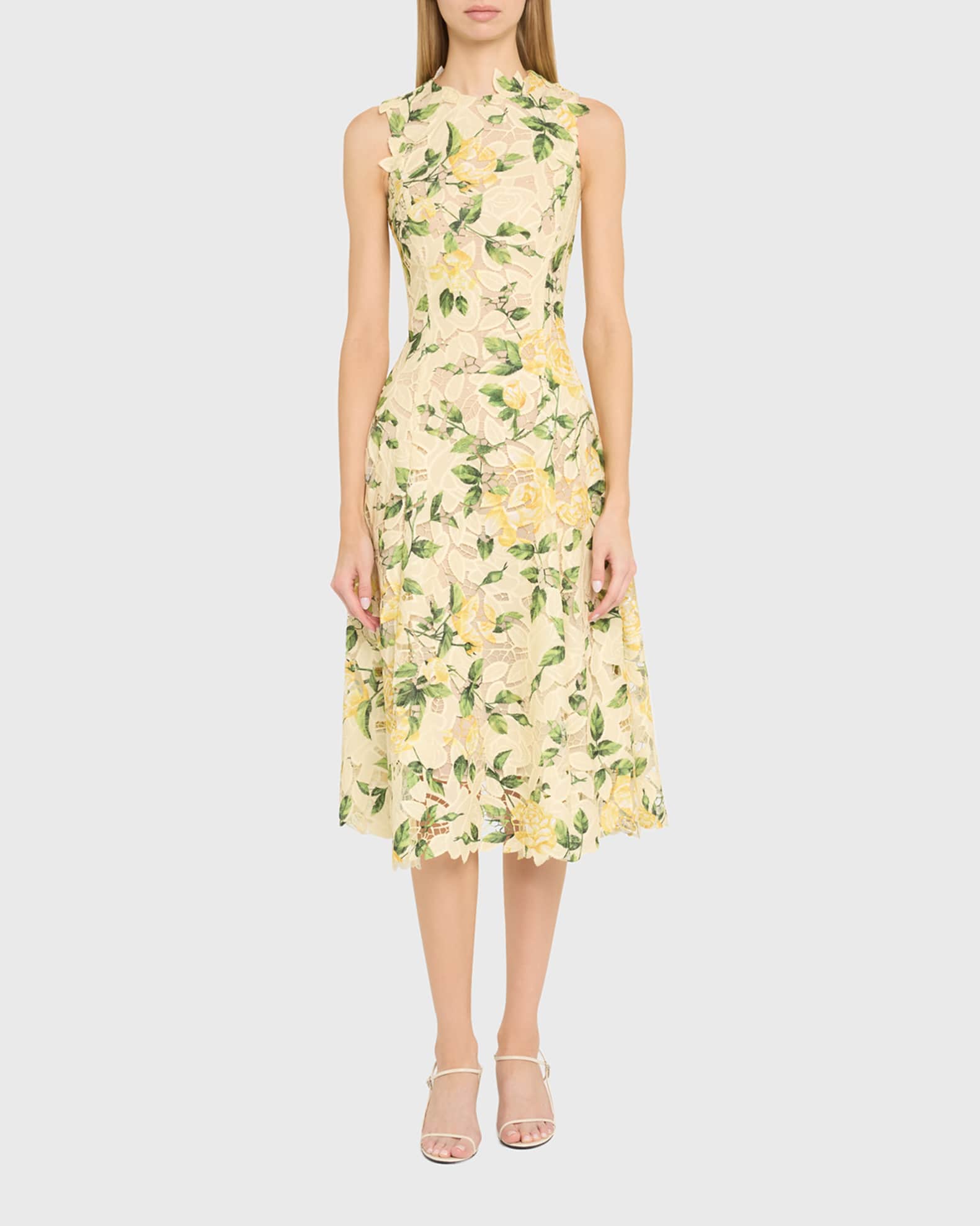 Sleeveless Printed Garden Rose Guipure A-Line Dress 1