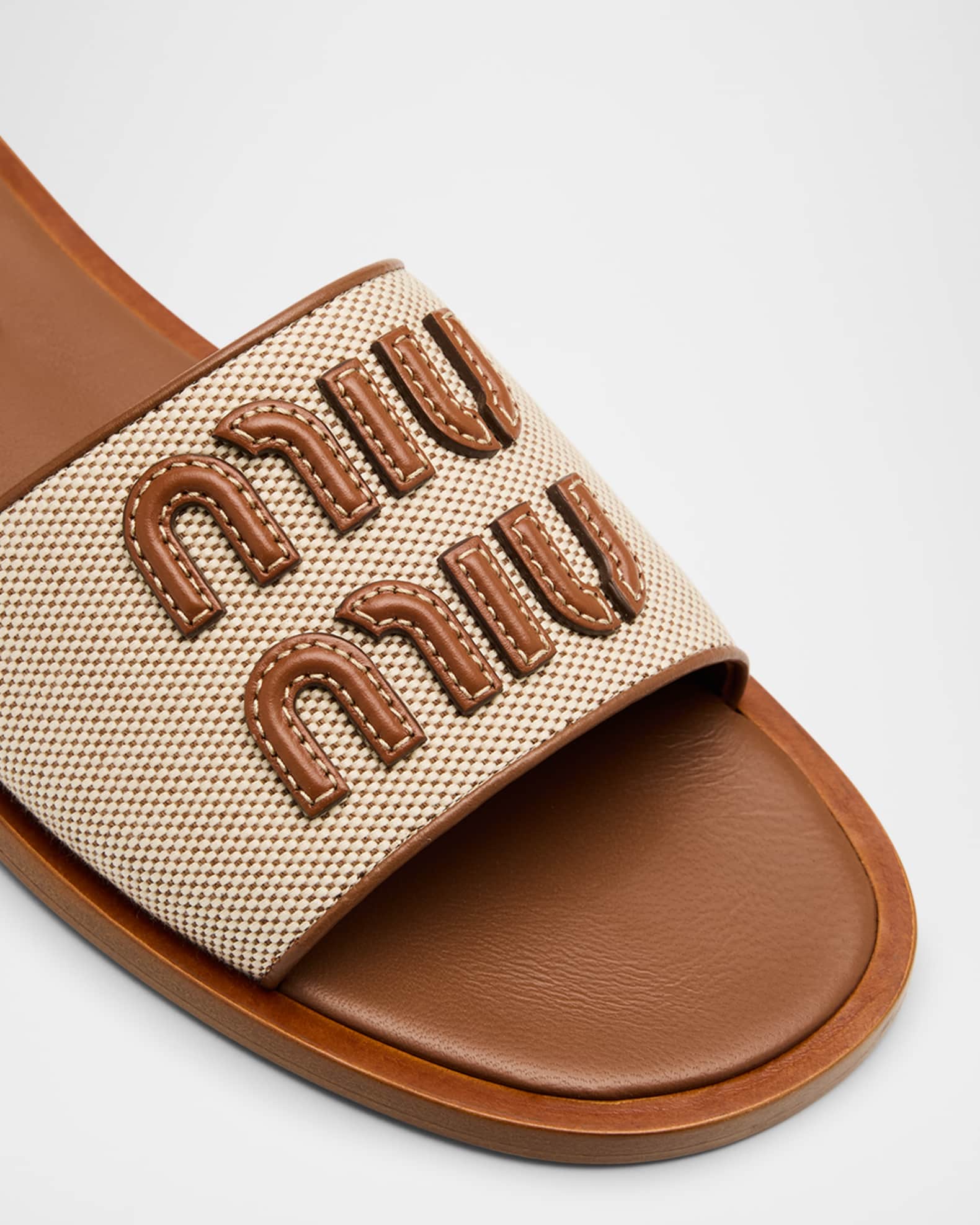 ★MIU MIU直営店★キャンバススライダーサンダル Miu Miu Canvas Logo Flat Slide Sandals | Neiman Marcus