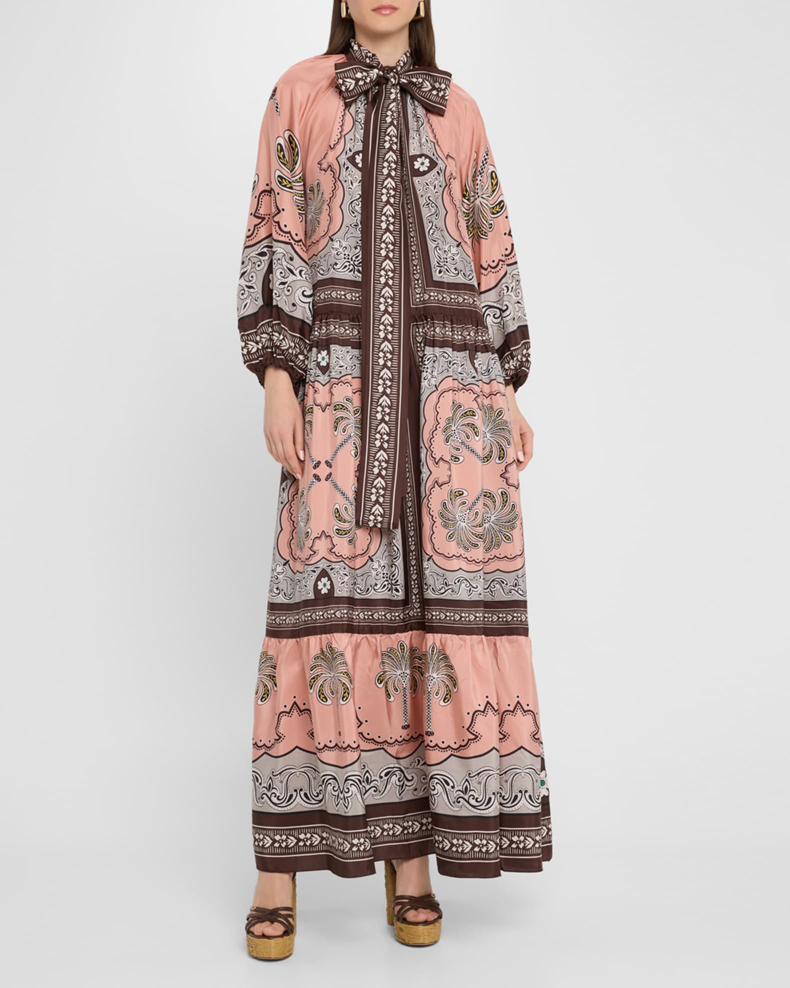 Athena Balloon-Sleeve Neck-Tie Silk Maxi Dress 1