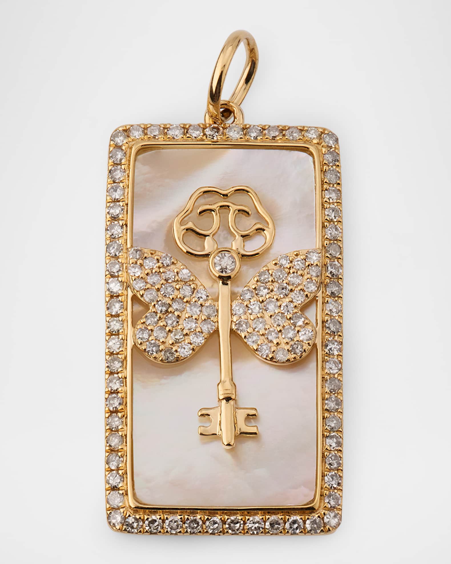 14K Yellow Gold Taroy Key and Butterfly Pendant with Diamonds and MOP 0