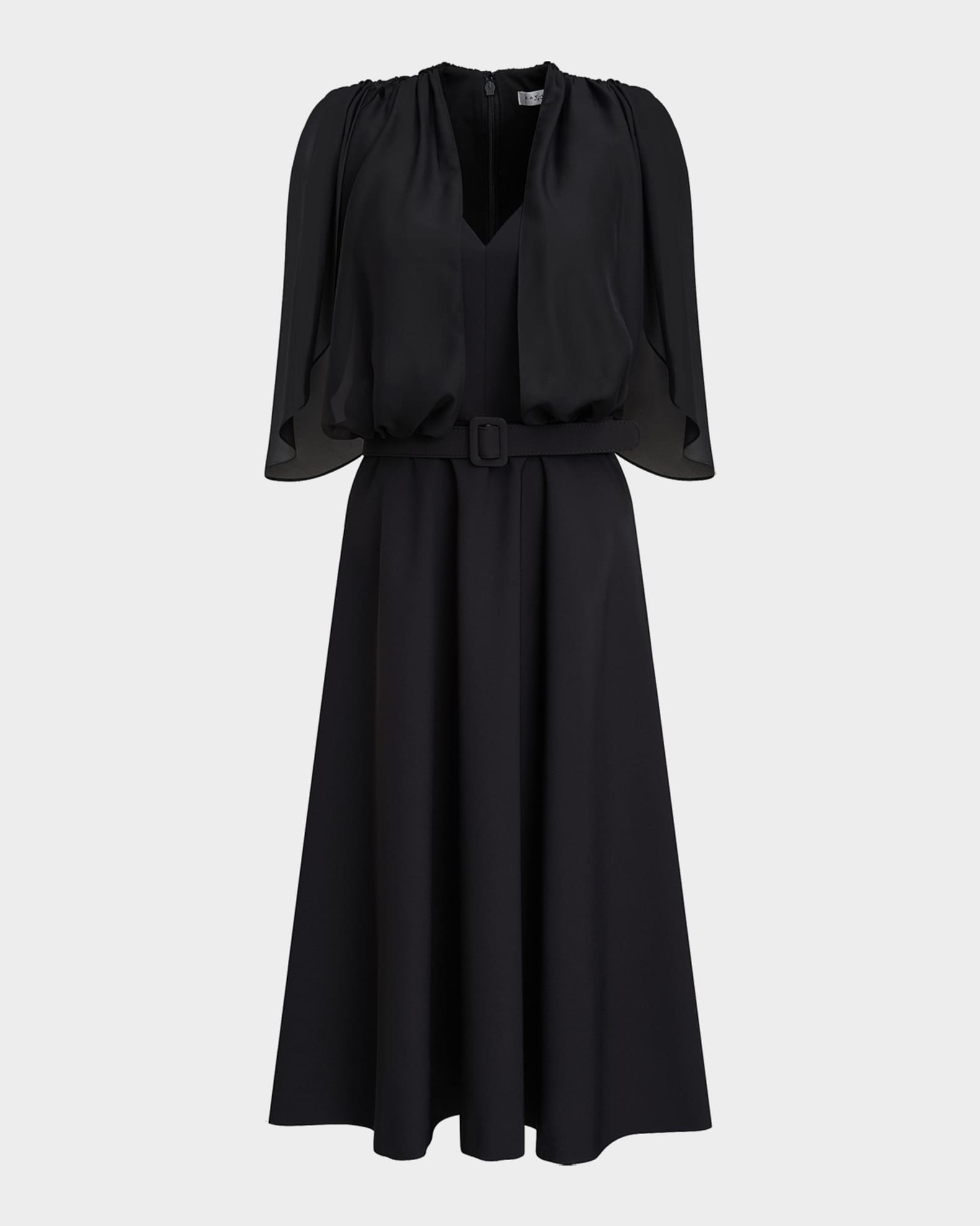 Kay Unger New York Deanna Belted Cape-Sleeve Midi Dress | Neiman Marcus