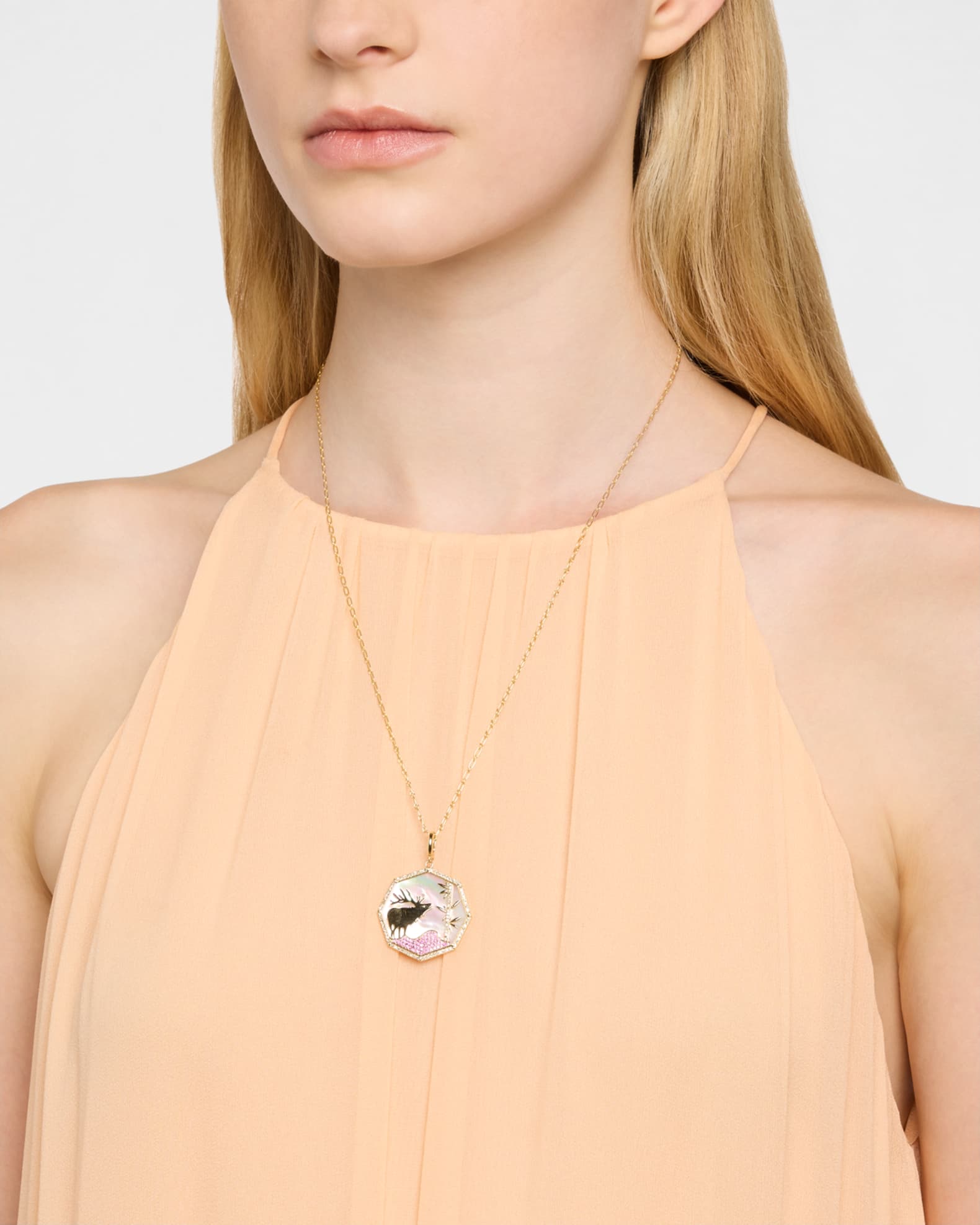 14K Yellow Gold Summit Octagon Moose Pendant with Diamonds, Pink Sapphires, and MOP 1
