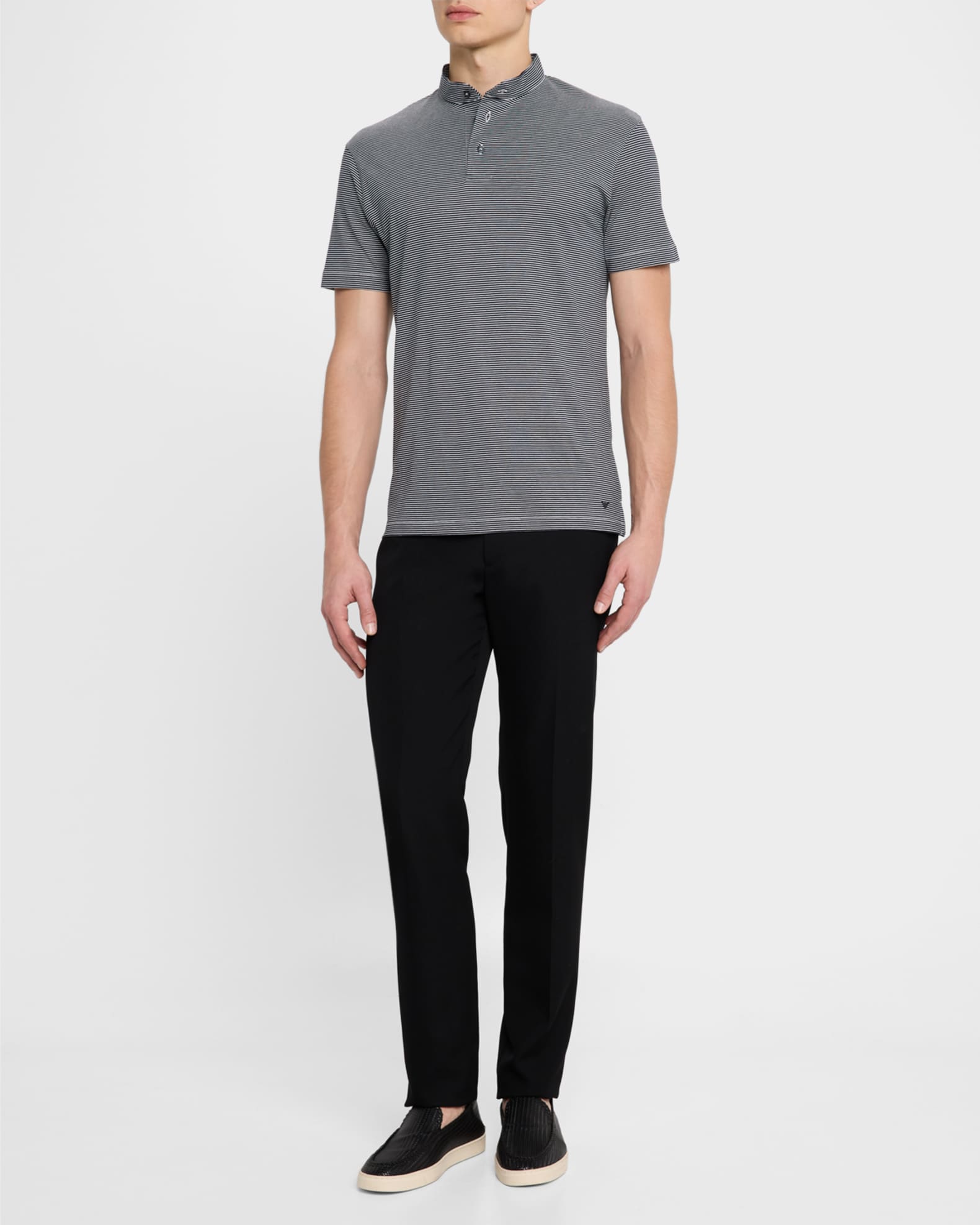 Men's Cotton Stripe Nehru-Collar Polo Shirt - Thumbnail 2