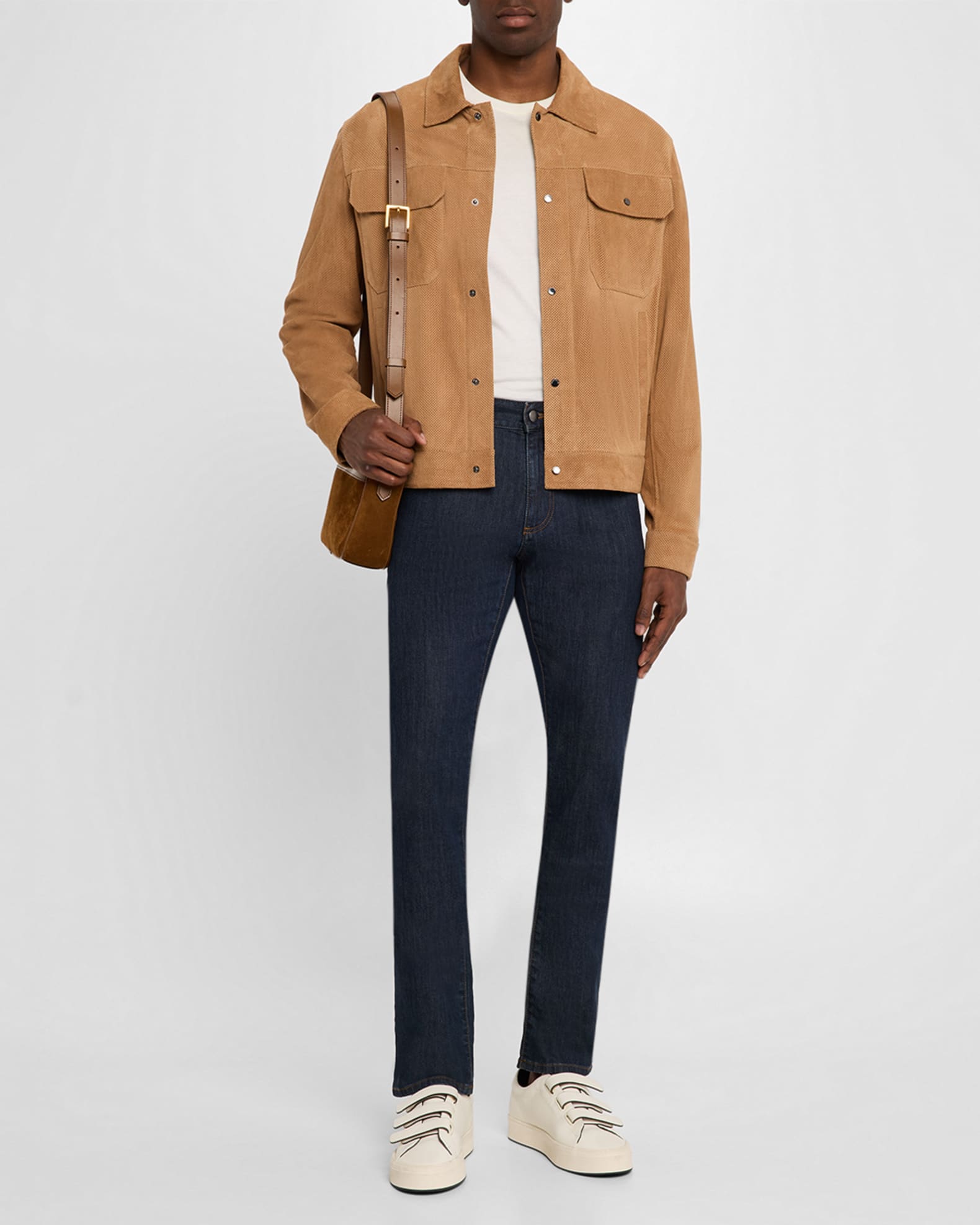 Emporio Armani Men's Perforated Suede Trucker Jacket | Neiman Marcus