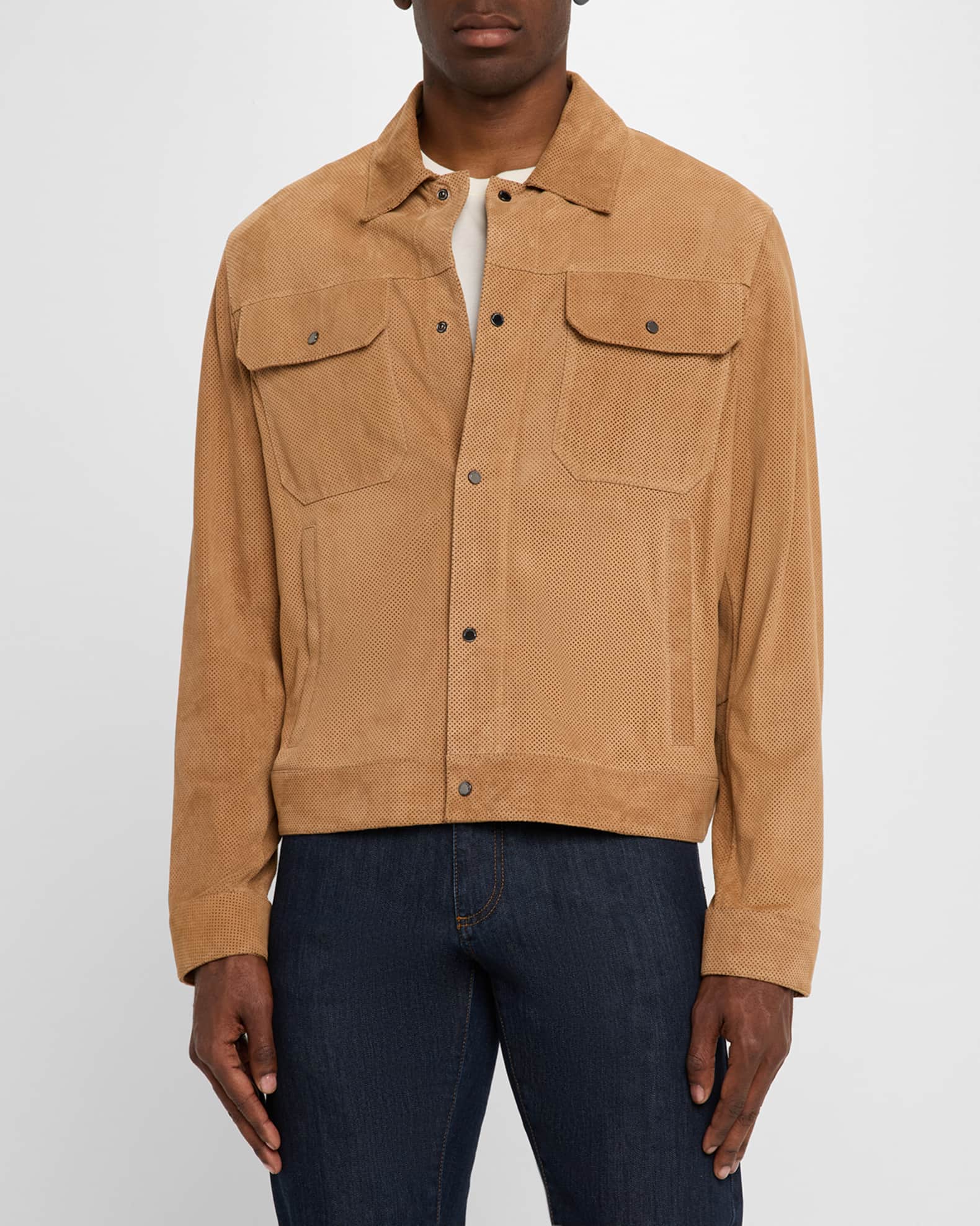 Emporio Armani Men's Perforated Suede Trucker Jacket | Neiman Marcus