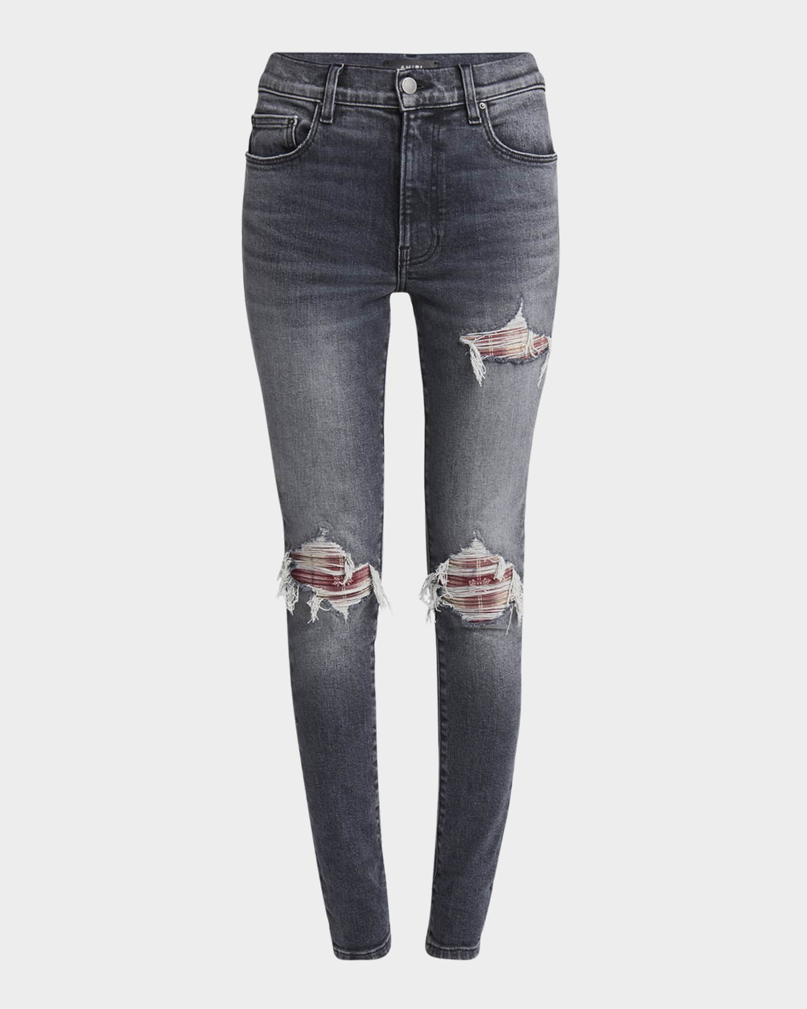 MA Quad Flannel-Inset Distressed Skinny-Leg Jeans 0