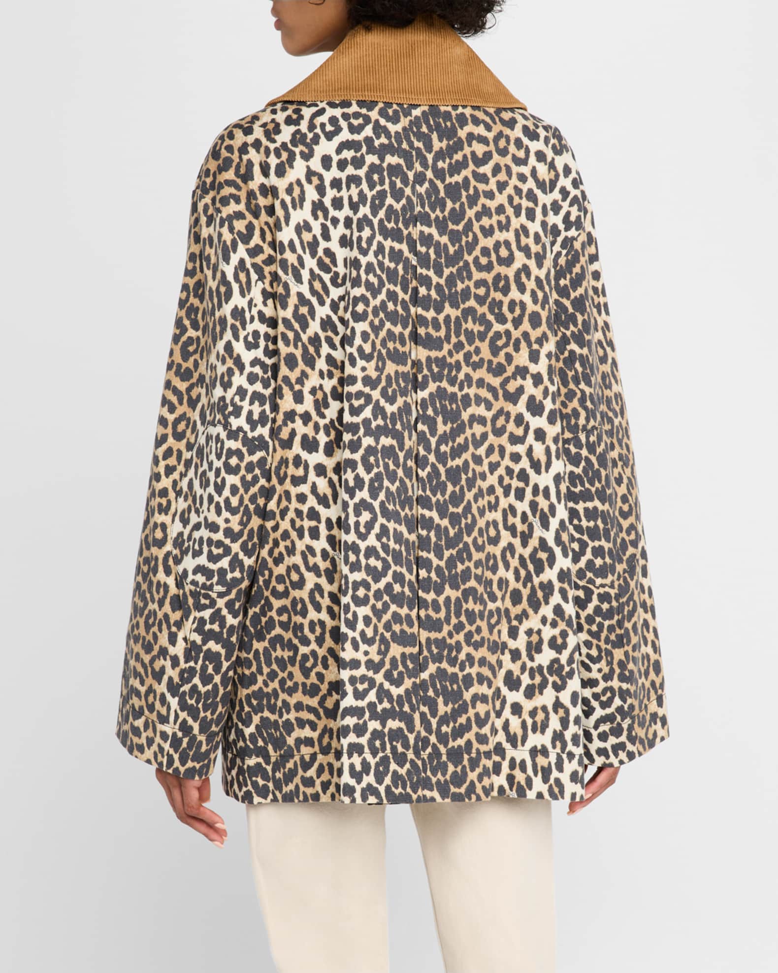 Ganni Leopard Canvas Midi Jacket | Neiman Marcus