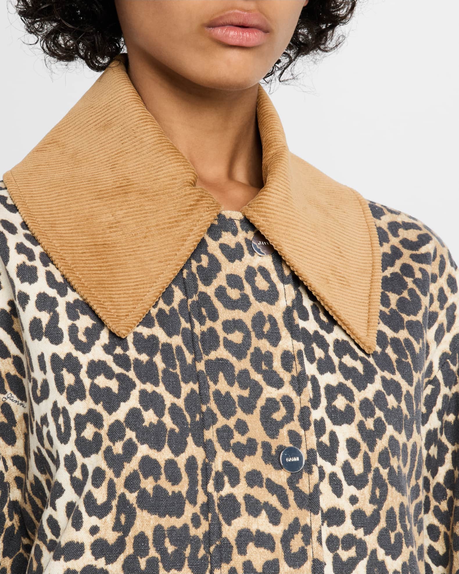 【GANNI】Leopard Printed キャンバス ミディ ジャケット Almond Milk Leopard Printed Canvas Midi Jacket | GANNI US