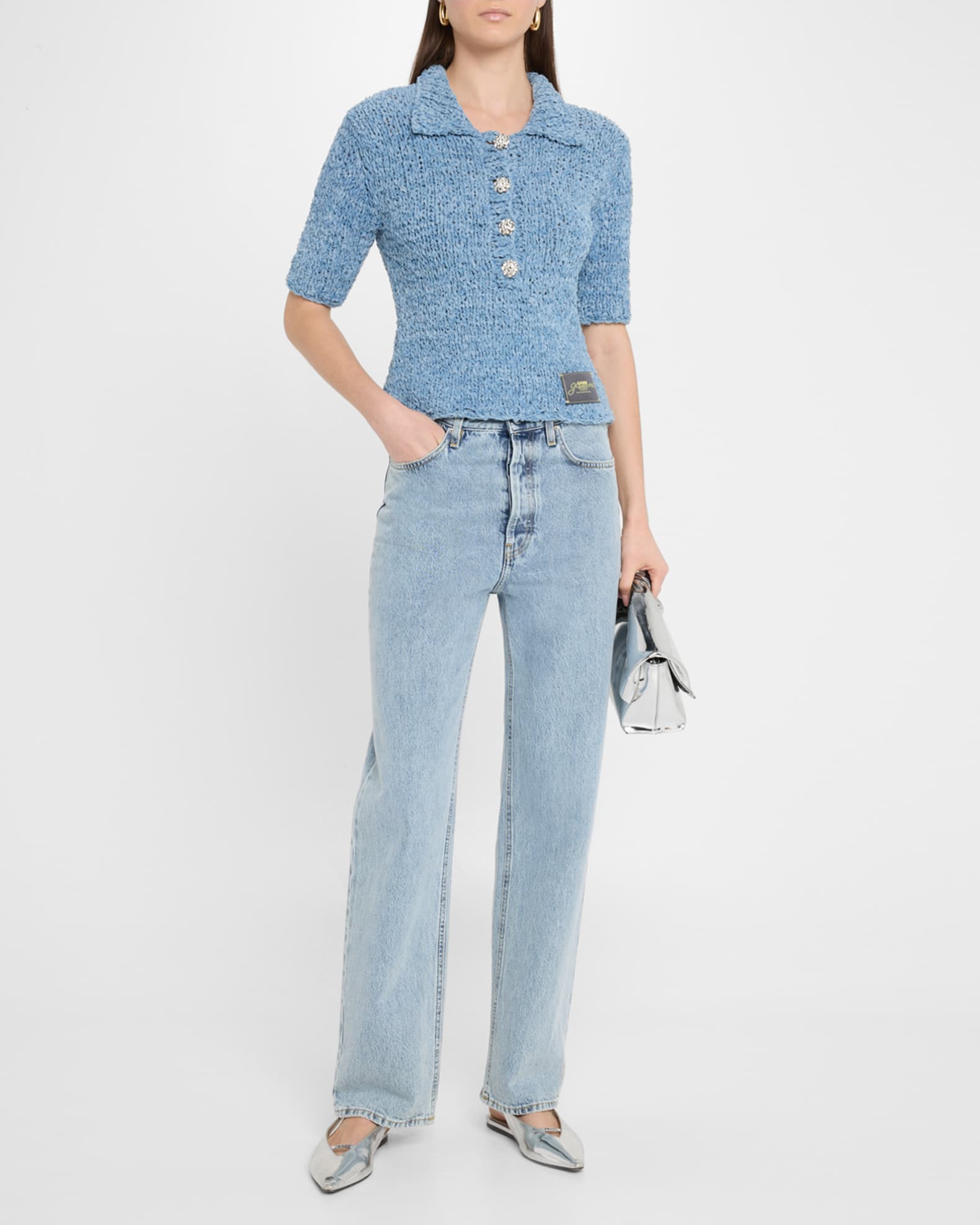 Hand-Knit Denim Polo Top 1