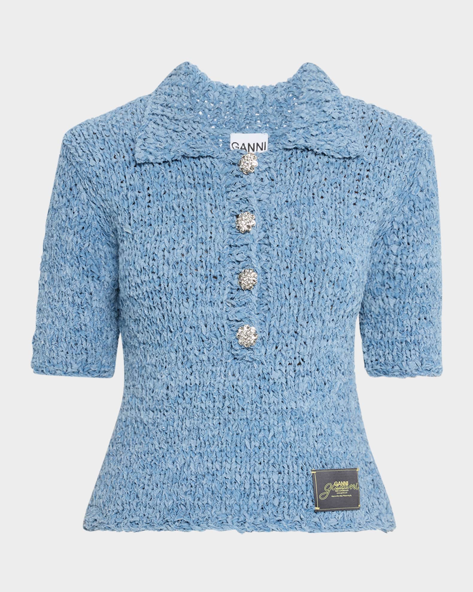 Hand-Knit Denim Polo Top 0