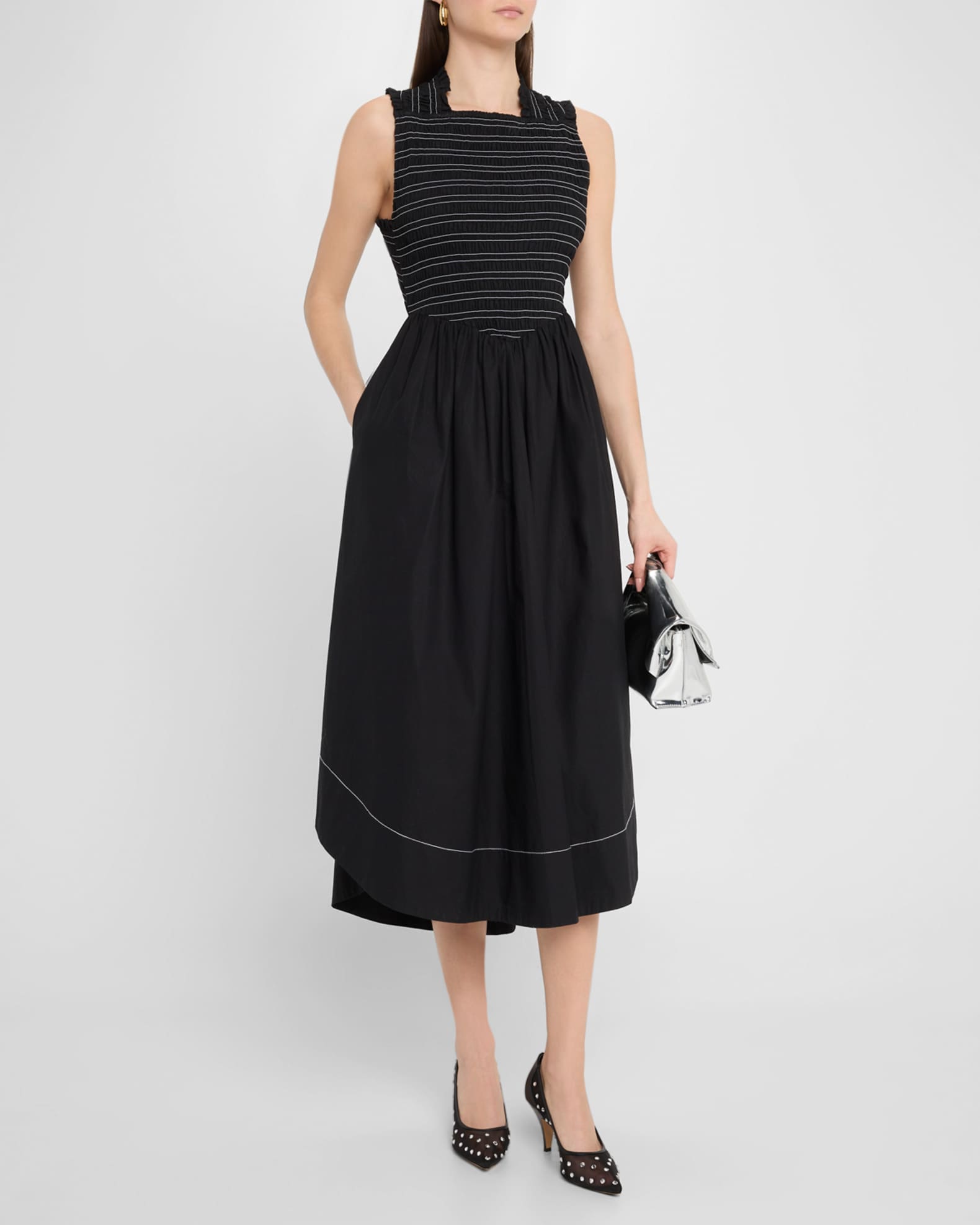 Smocked Stretch Cotton Sleeveless Midi Dress 1